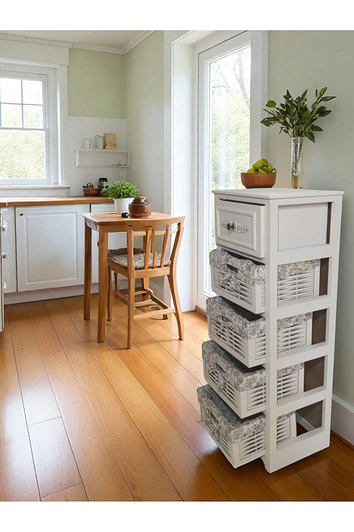 Ahşap Hasır Görünümlü 5 Çekmeceli Yıkanabilir Bezli Sebzelik ve Çok Amaçlı Dolap (Beyaz)