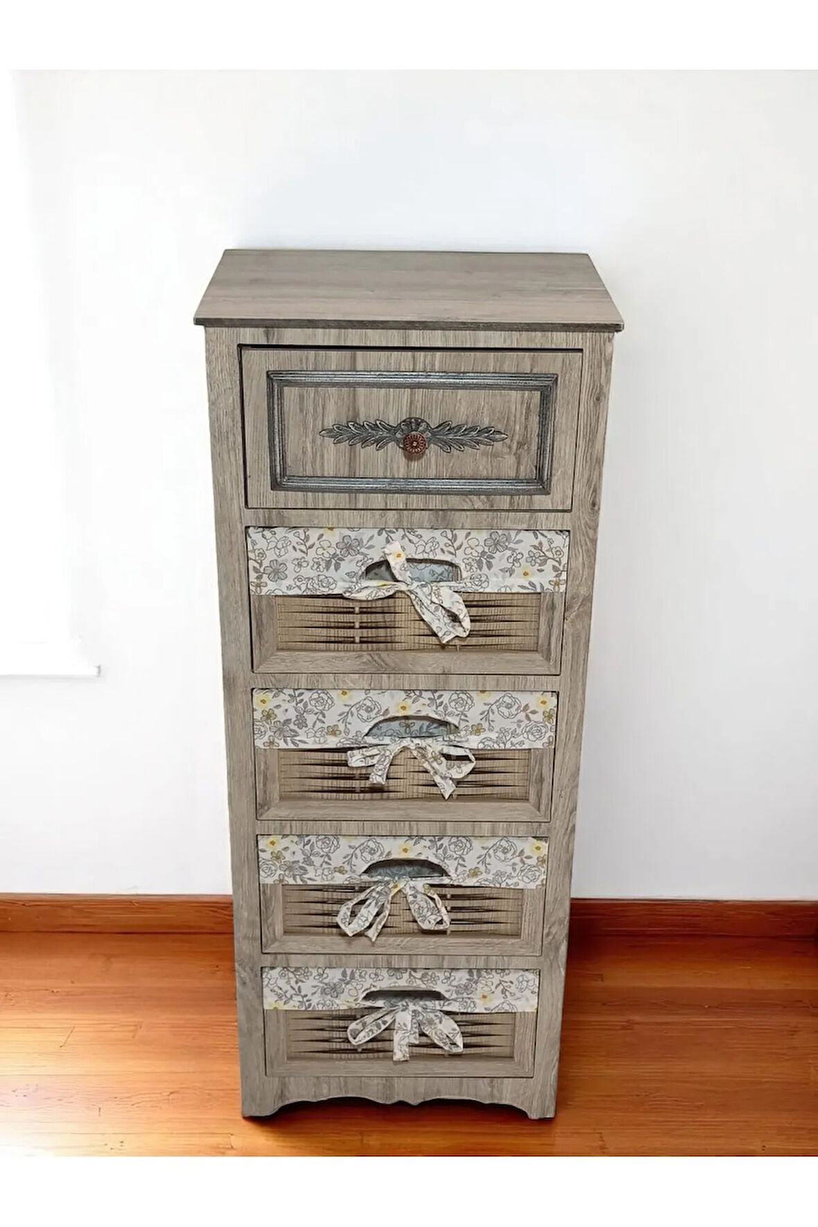 Ahşap Hasır Görünümlü 5 Çekmeceli Yıkanabilir Bezli Sebzelik ve Çok Amaçlı Dolap (Rustik Meşe)