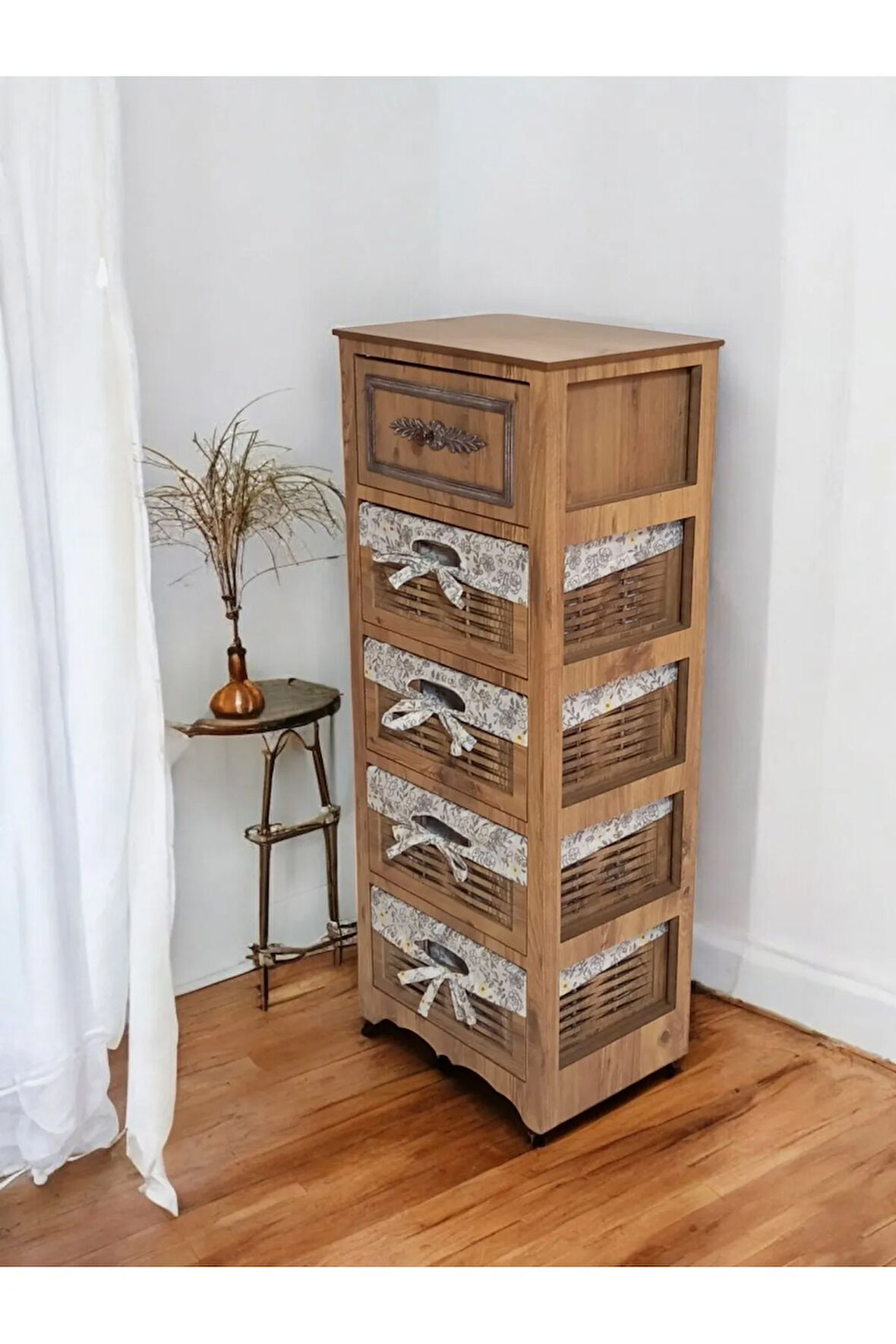 Ahşap Hasır Görünümlü 5 Çekmeceli Yıkanabilir Bezli Sebzelik ve Çok Amaçlı Dolap (Atlantik Çam)