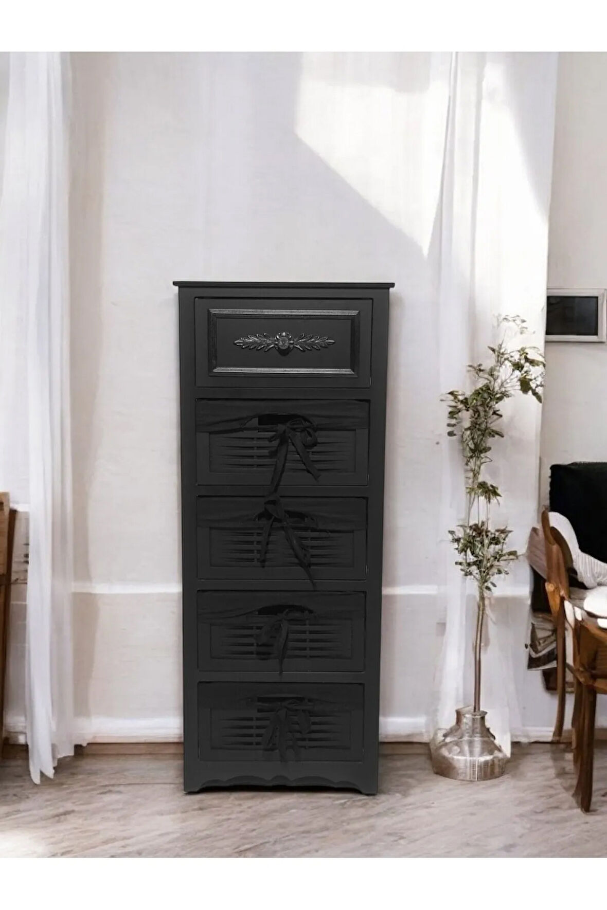 Ahşap Hasır Görünümlü 5 Çekmeceli Yıkanabilir Bezli Sebzelik ve Çok Amaçlı Dolap (Siyah)