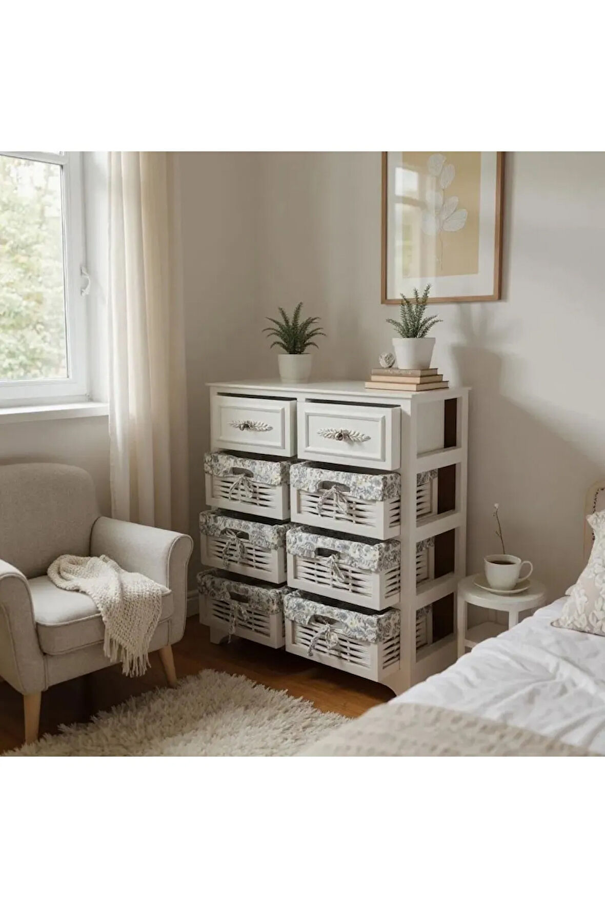 Ahşap Hasır Görünümlü 8 Çekmeceli Yıkanabilir Bezli Sebzelik ve Çok Amaçlı Dolap (Beyaz)