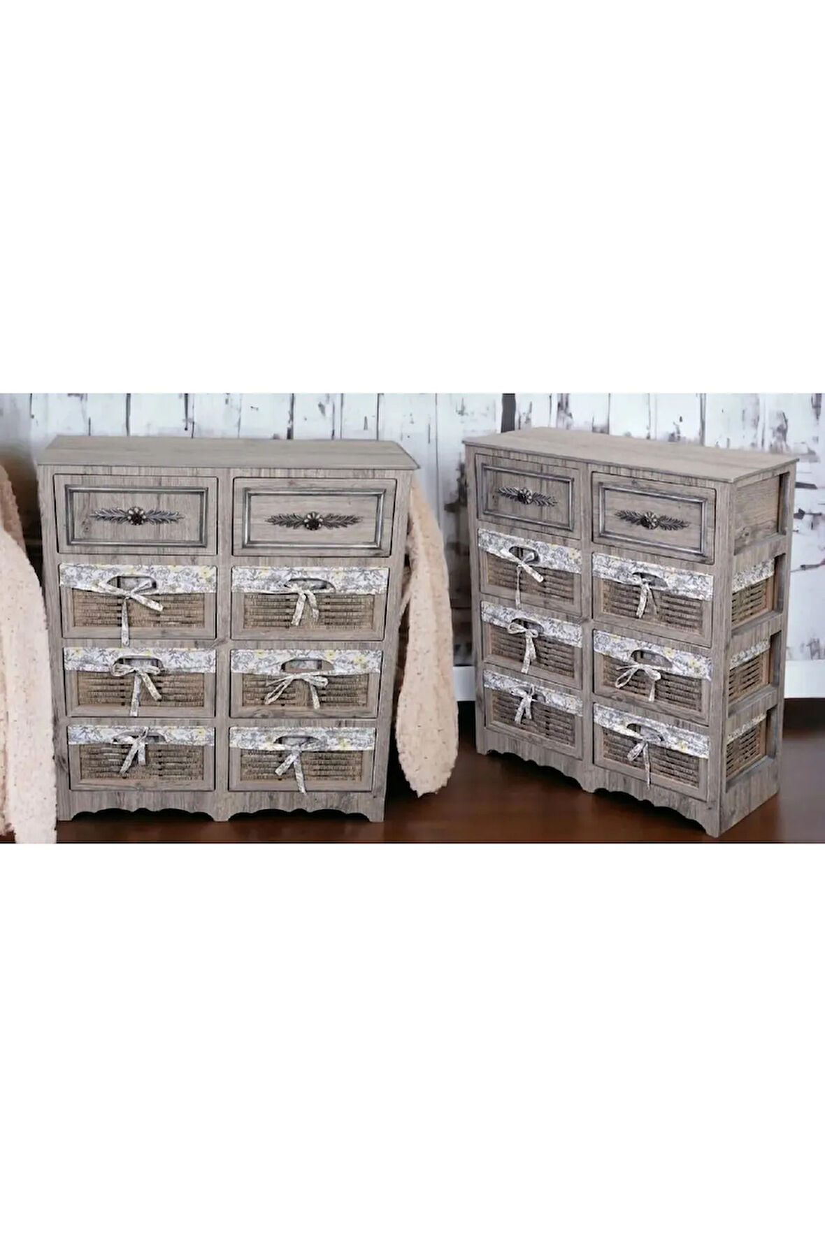 Ahşap Hasır Görünümlü 8 Çekmeceli Yıkanabilir Bezli Sebzelik ve Çok Amaçlı Dolap (Rustik Meşe)