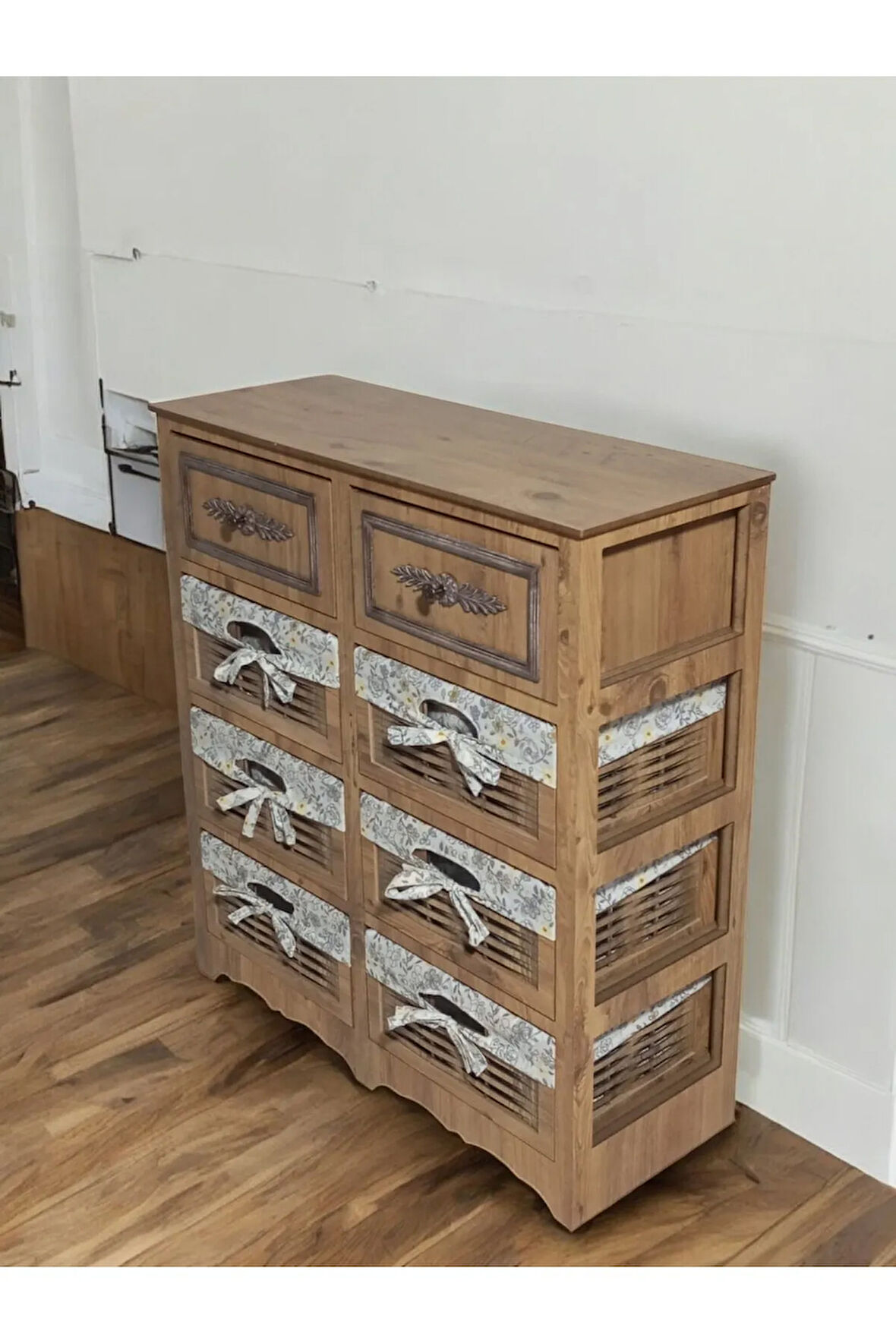 Ahşap Hasır Görünümlü 8 Çekmeceli Yıkanabilir Bezli Sebzelik ve Çok Amaçlı Dolap (Atlantik Çam)