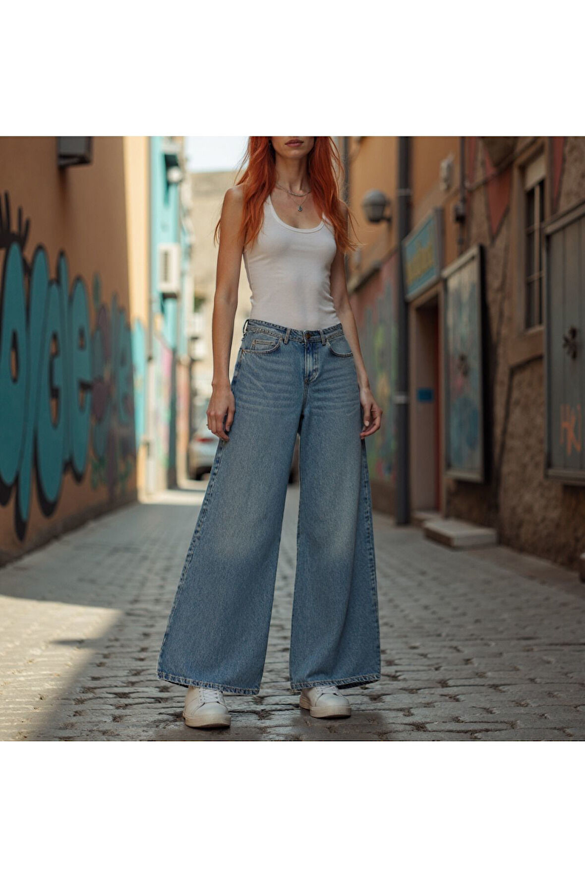 Kadın %100 Pamuk Wide Leg Baggy Jeans