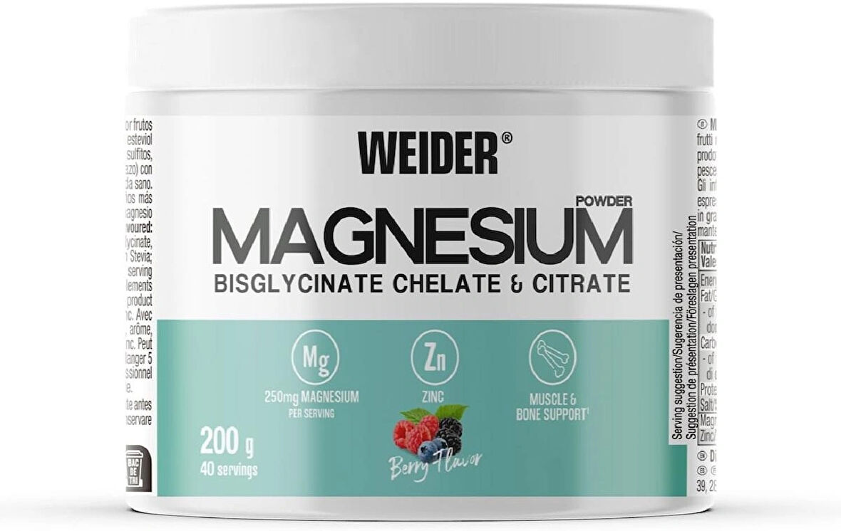 Weider Magnesium(Magnezyum) Powder 200g Magnesium Bisglycinate and Citrate in Powder with Zinc, Muscle and Bone Support, Helps Reduce Fatigue, No Added Sugar, Vegan