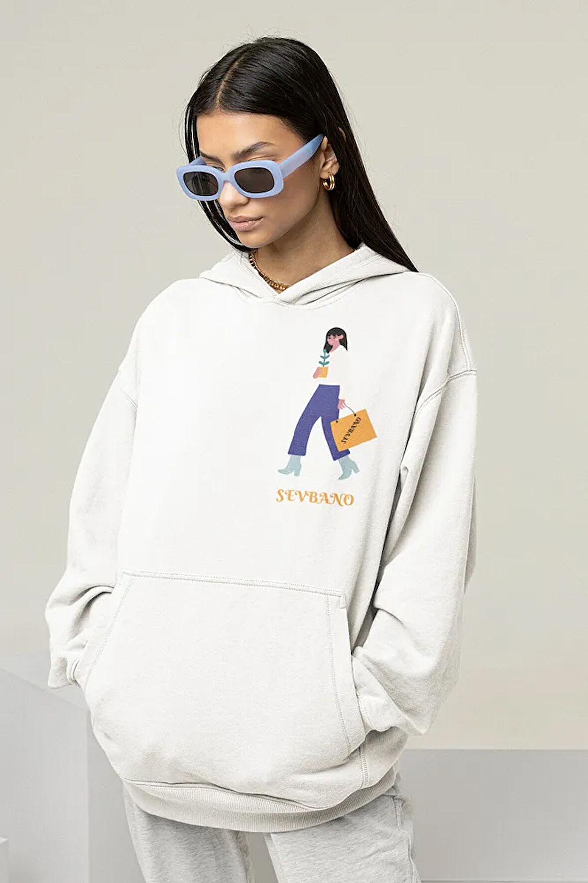 Özel Tasarım Çantalı Kadın Baskılı Unisex Oversize Hoodie