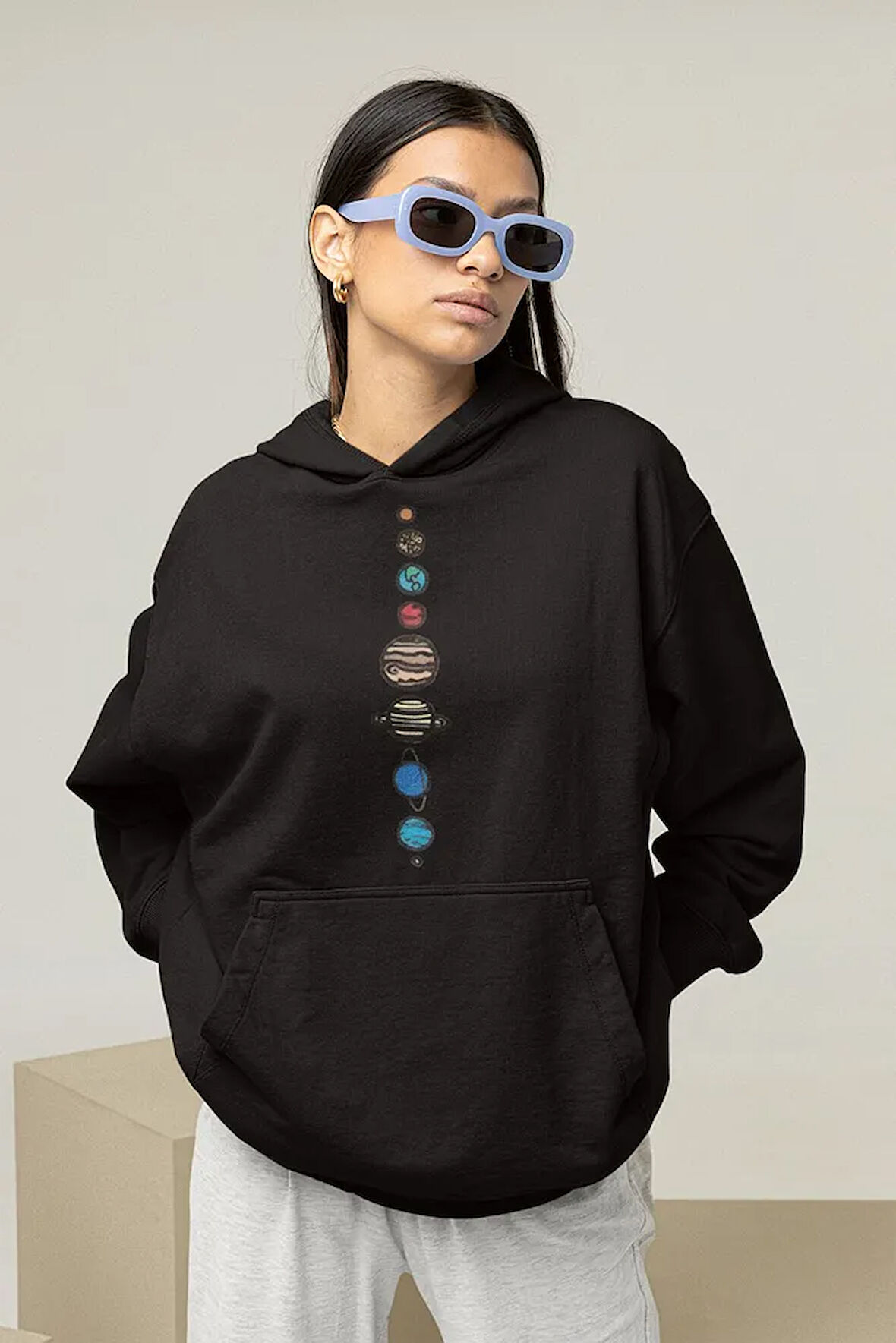 Tasarım Gezegenler Baskılı Unisex Oversize Hoodie