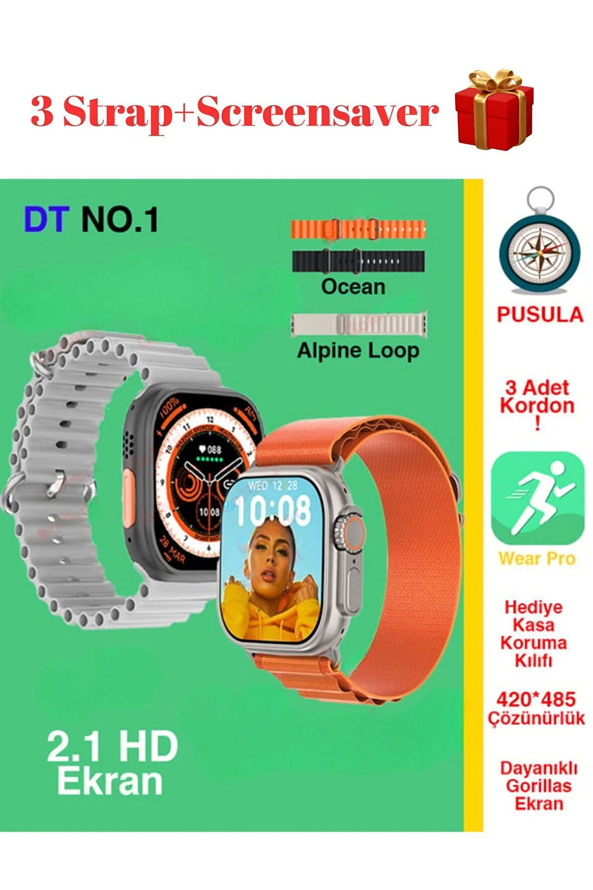 Android&ios Destekli 49 Mm HD Ekran 3 Strap Smart Watch