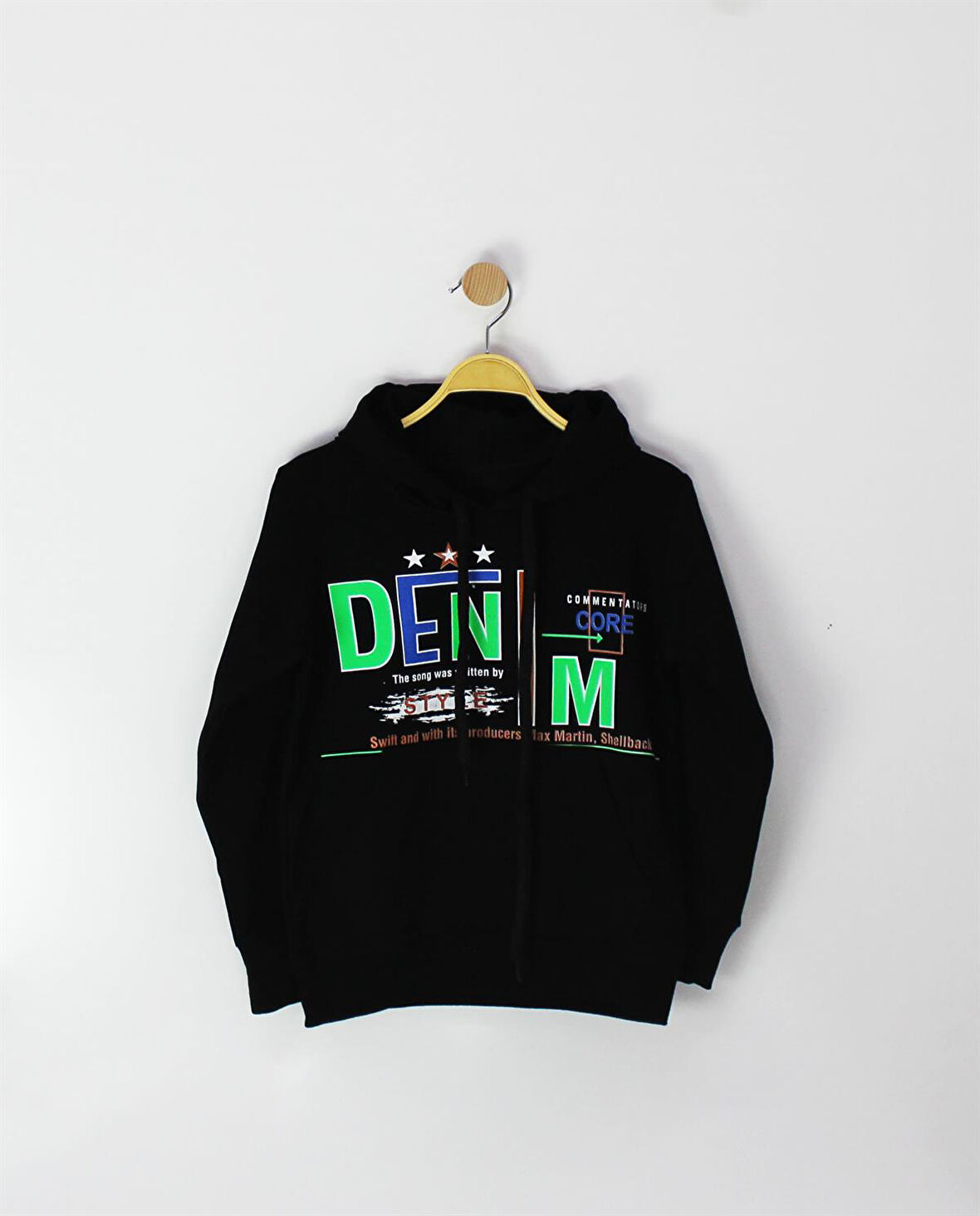 Denim Baskılı Uzun Kollu Sweat-Shırt - Siyah