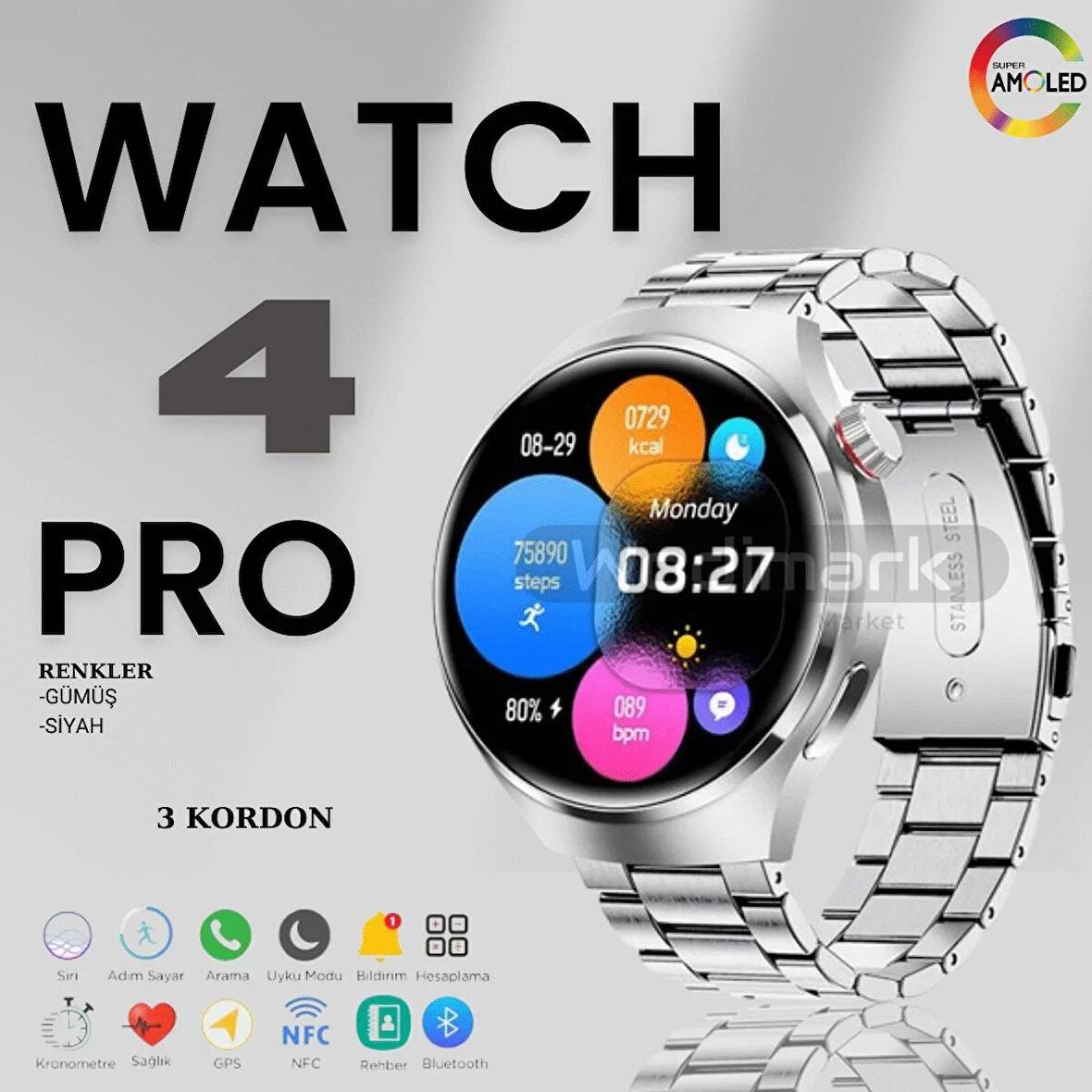 Wodimark Haino Teko Watch 4 Pro ( RW32 Curved Amoled Ekran ) GÜMÜŞ - SİYAH RENK- 3 Kordon Akıllı Saat