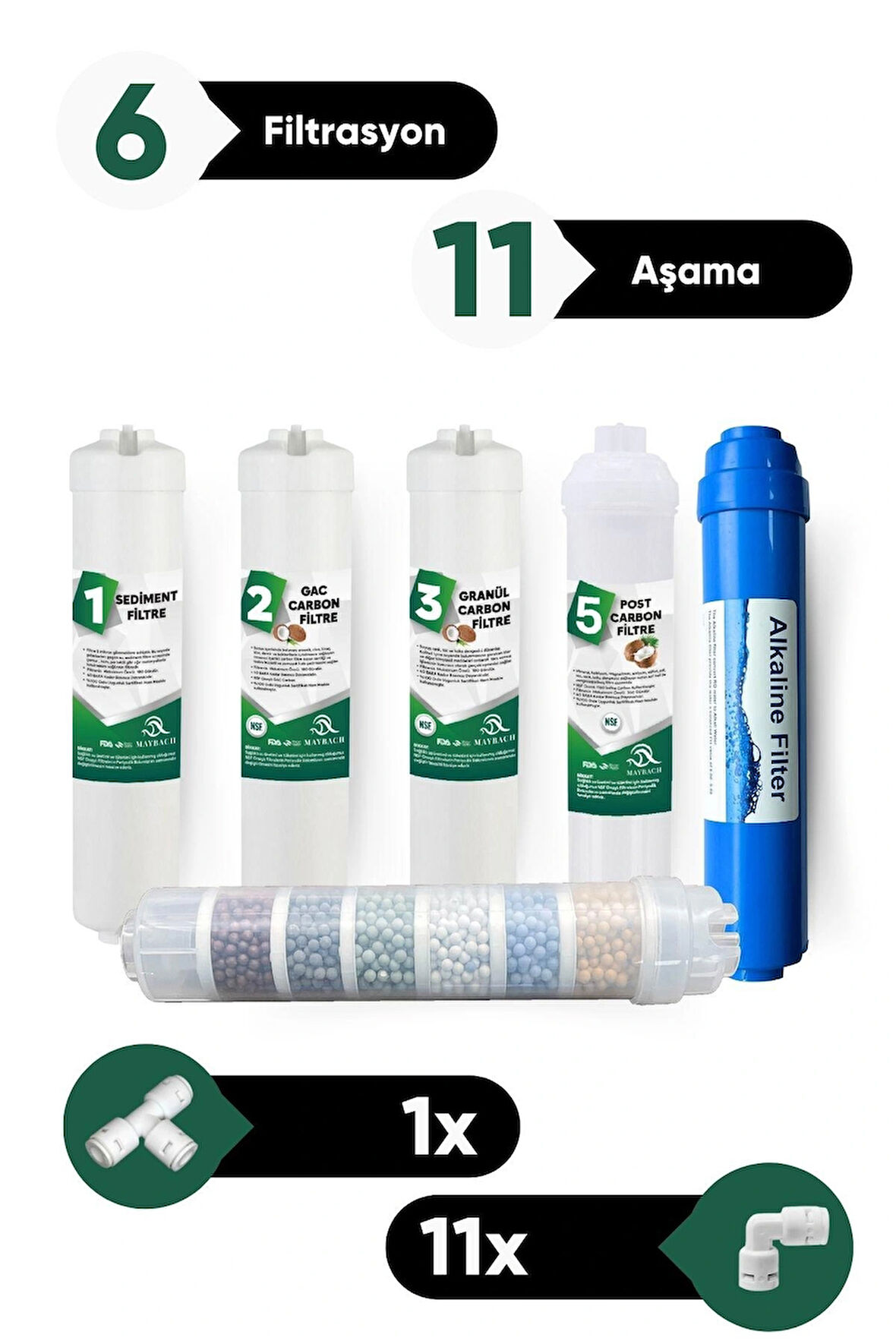 Su Arıtma 6 Filtre 11 Aşama Alkalin Filtre Takımı 6 Filtre 11 Aşama Mineral Filtre Seti Membransız
