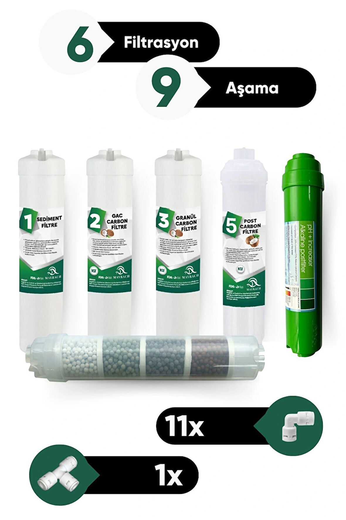 Su Arıtma 6 Filtre 9 Aşama PH Alkalin Filtre Takımı 6 Filtre 9 Aşama Mineral Filtre Seti Membransız