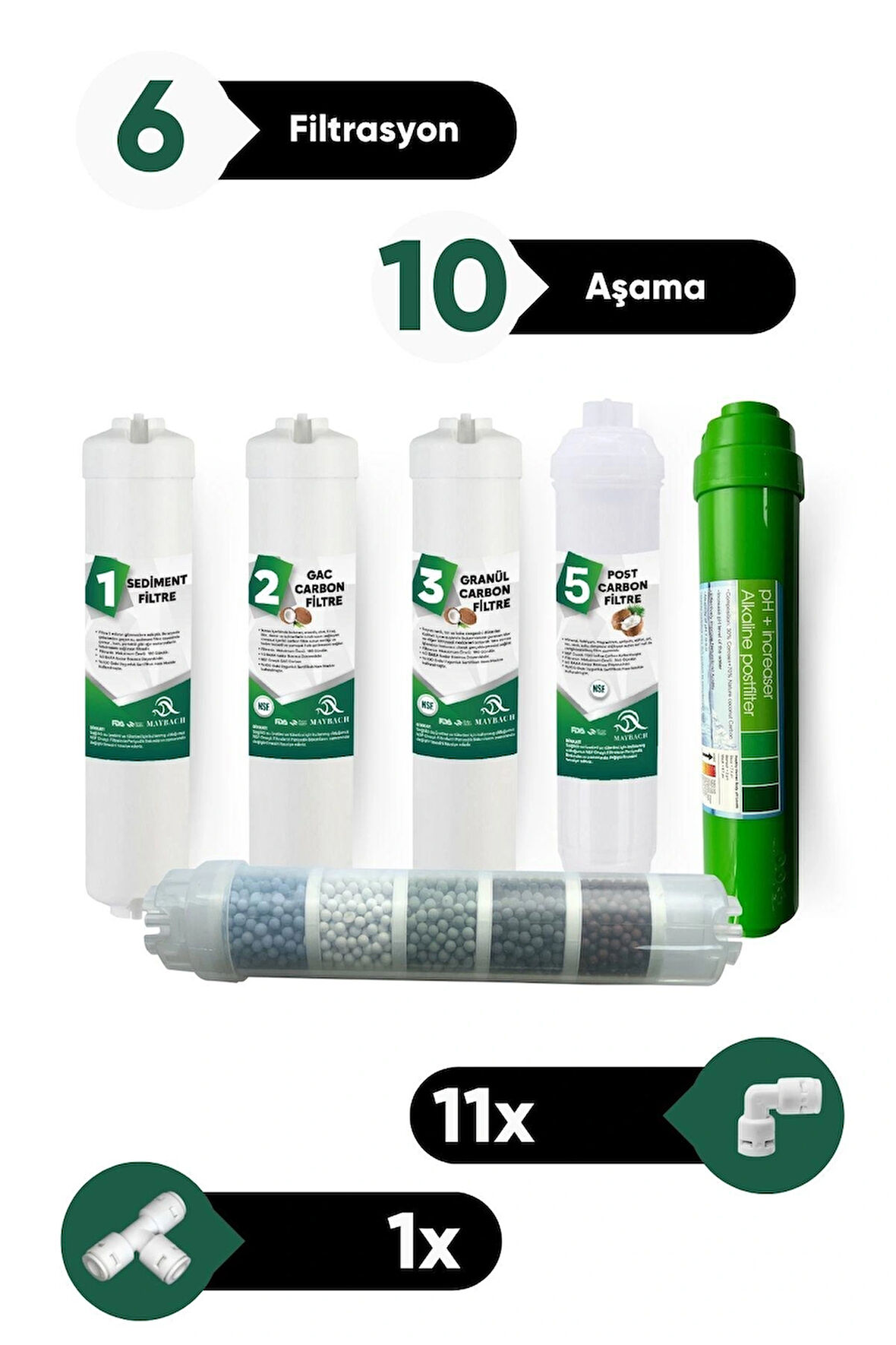 Su Arıtma 6 Filtre 10 Aşama PH Alkalin Filtre Takımı 6 Filtre 10 Aşama Mineral Filtre Set Membransız