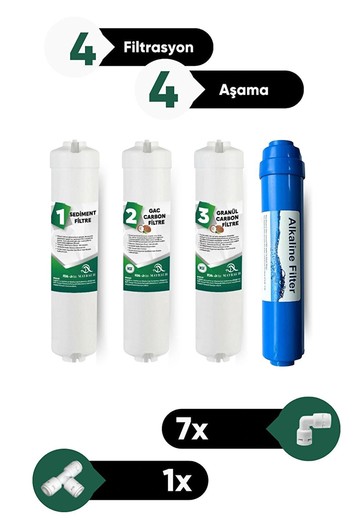 4 Aşamalı Su Arıtma Filtresi Seti - Sediment Gac Karbon Granül Karbon ve Alkalin Filtre + Bağlantı Aparatları