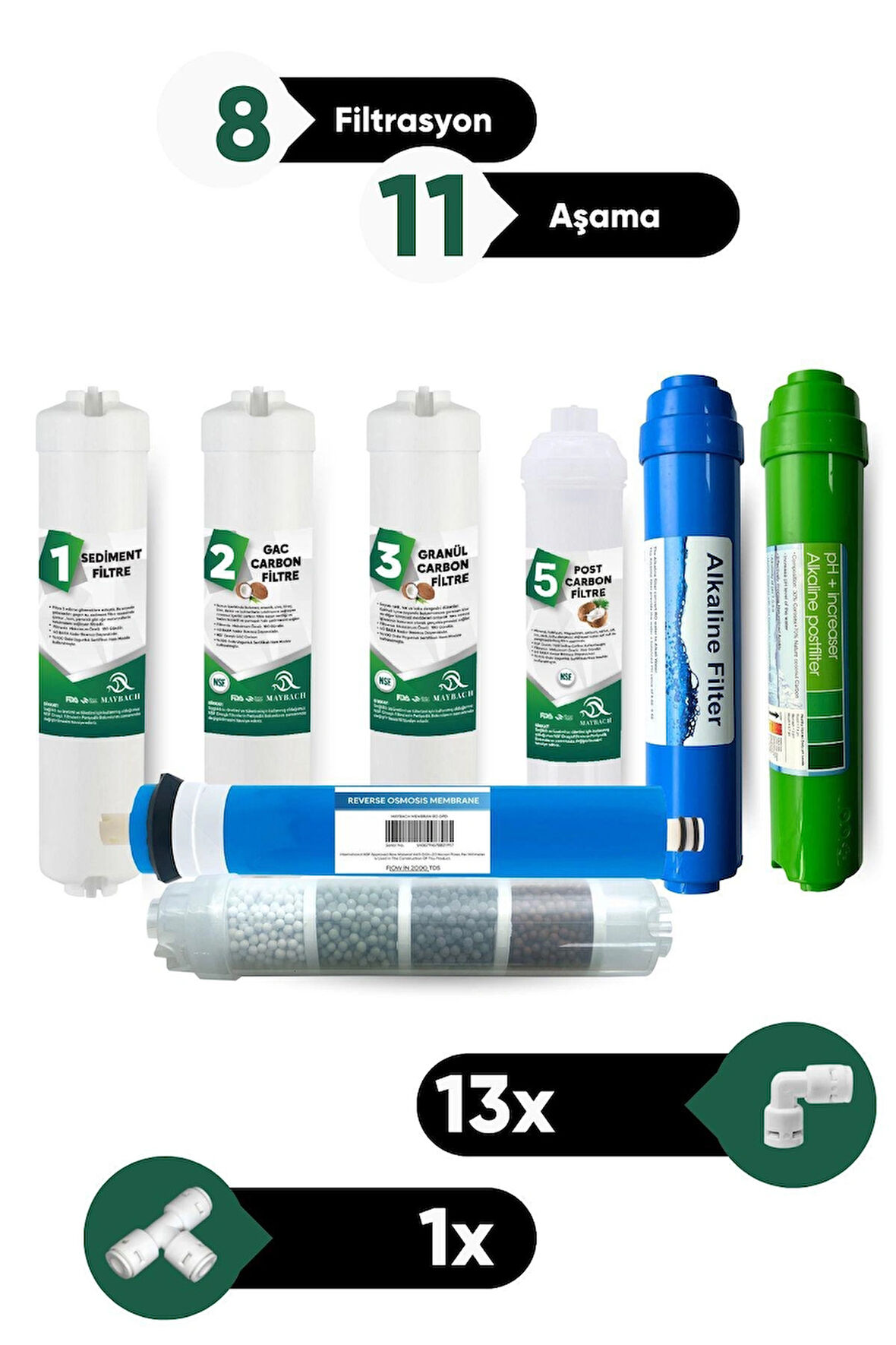 8 Filtrasyonlu 11 Aşamalı Su Arıtma Filtre Seti | Membran + Mineral + Alkalin ve Ph Filtre