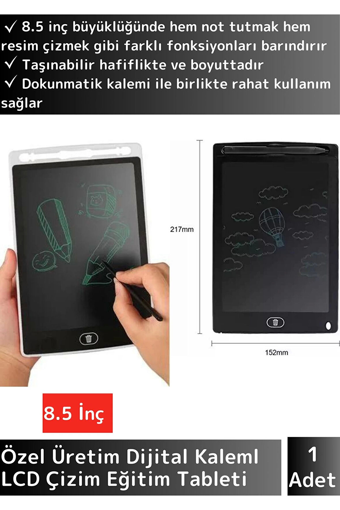 Özel Üretim Uzun Ömürlü LCD Dijital Kalemli Çocuk Çizim Eğitim Tableti Not Resim 8.5 İnç Tablet