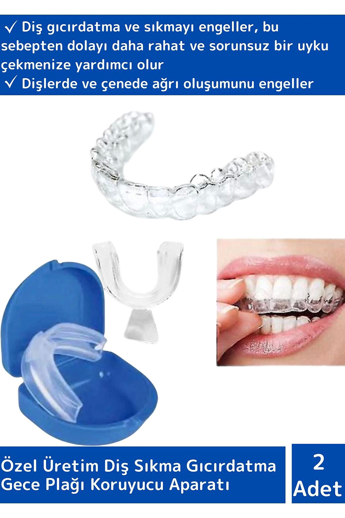 Premium Çene Sıkma Diş Gıcırdatma Bruxism Gece Plağı Koruyucu Aparatı Dişlik Uyku Aparatı 2 Adet