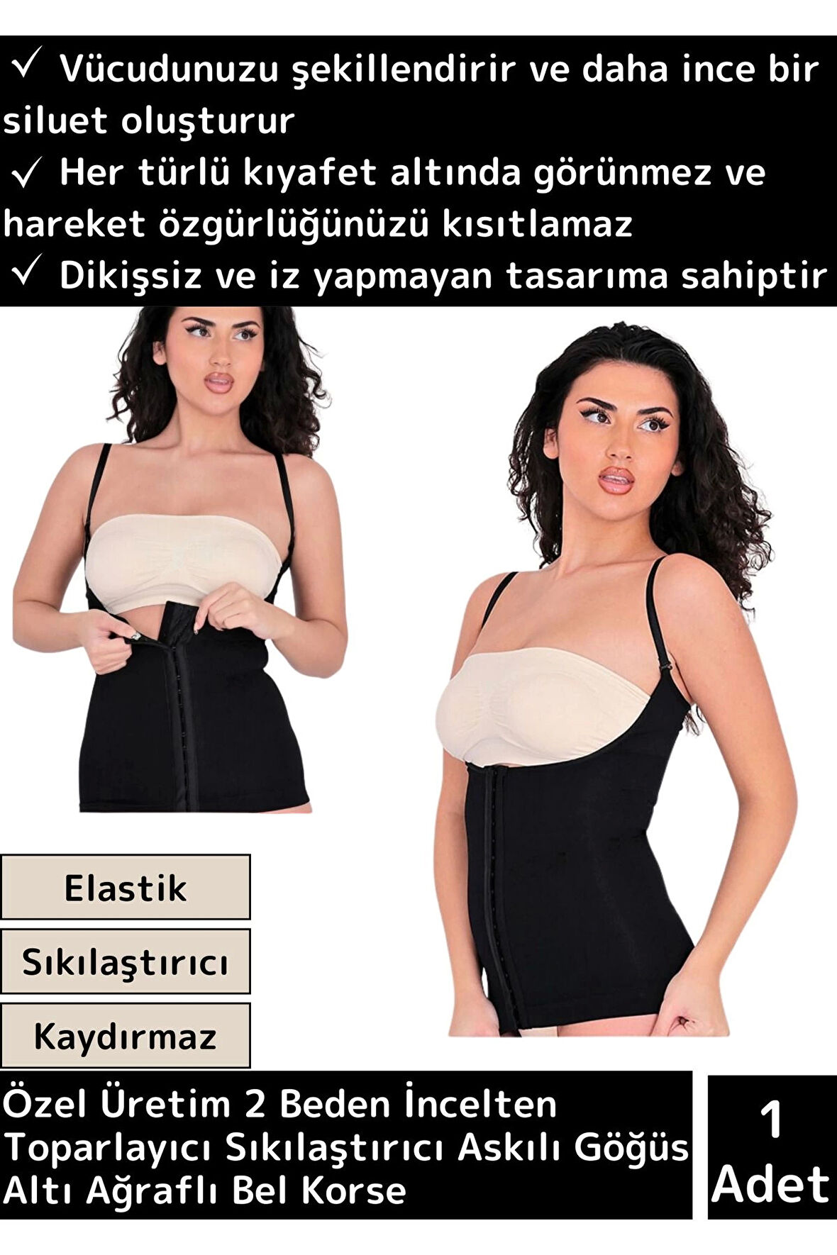 Premium Toparlayıcı Sıkılaştırıcı 2 Beden İncelten Askılı Gögüs Altı Ağraflı Siyah L/XL Korse