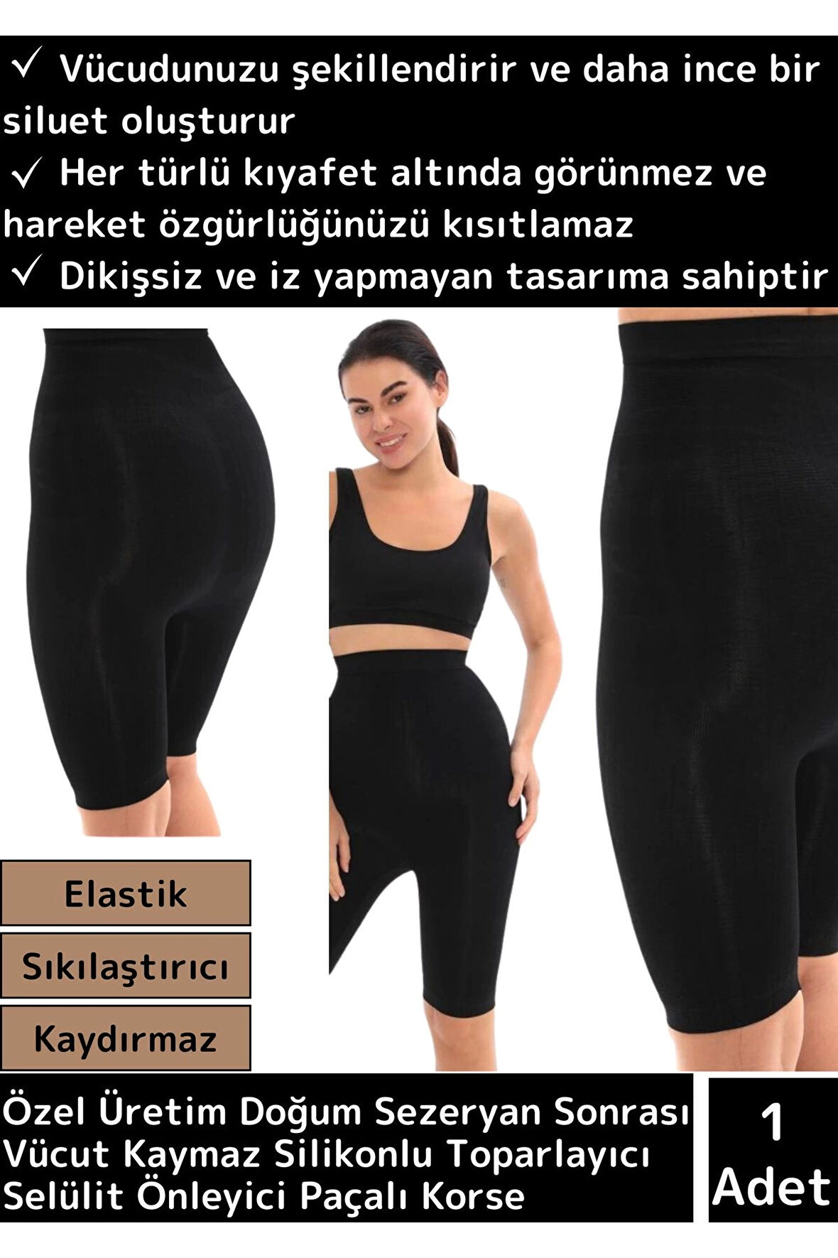 Premium Sezeryan Doğum Sonrası Kaymaz Silikonlu Toparlayıcı Selülit Önleyici Korse Siyah 2XL/3XL