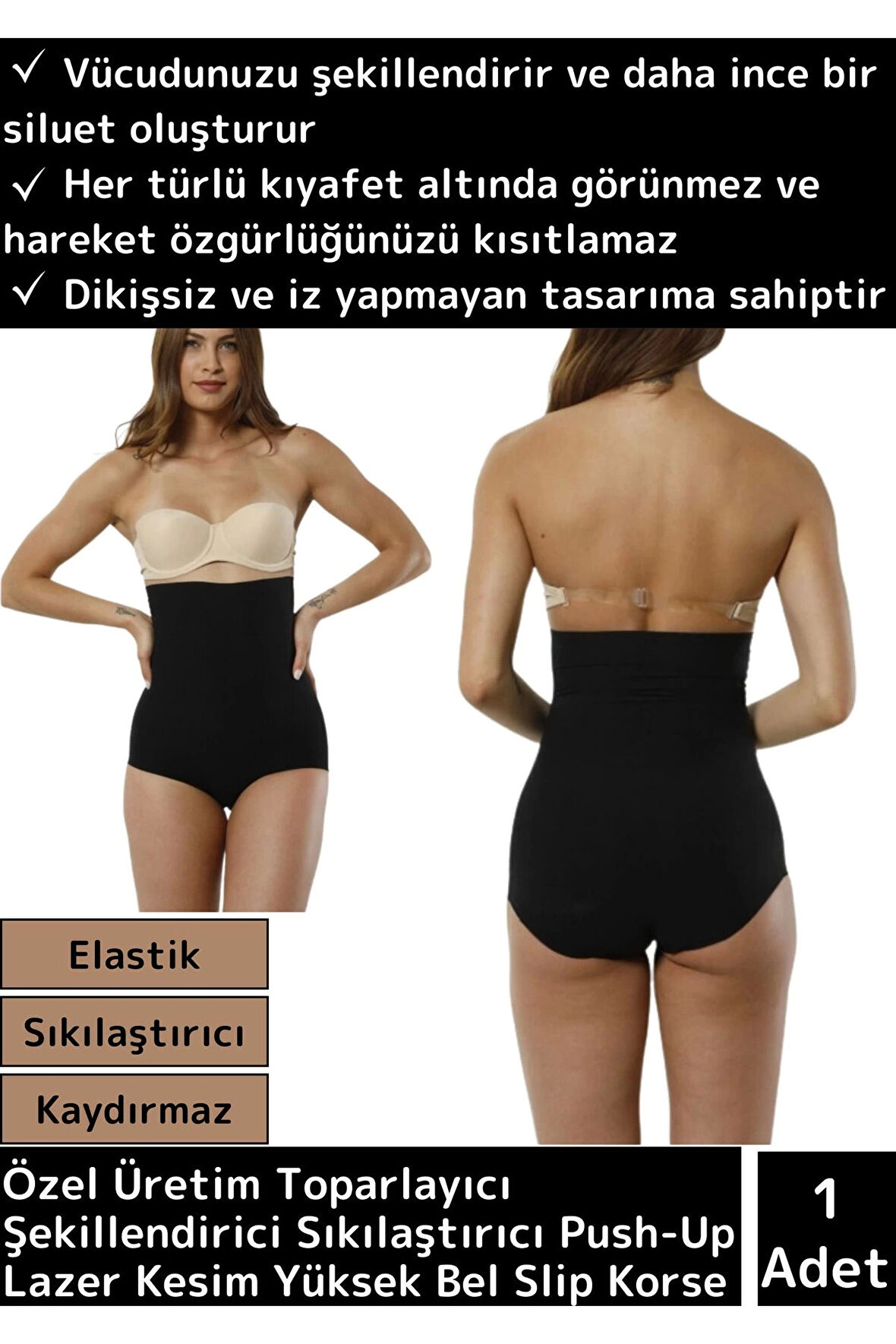 Premium Toparlayıcı Şekillendirici Sıkılaştırıcı Push-Up Lazer Yüksek Bel Slip Korse Siyah S/M