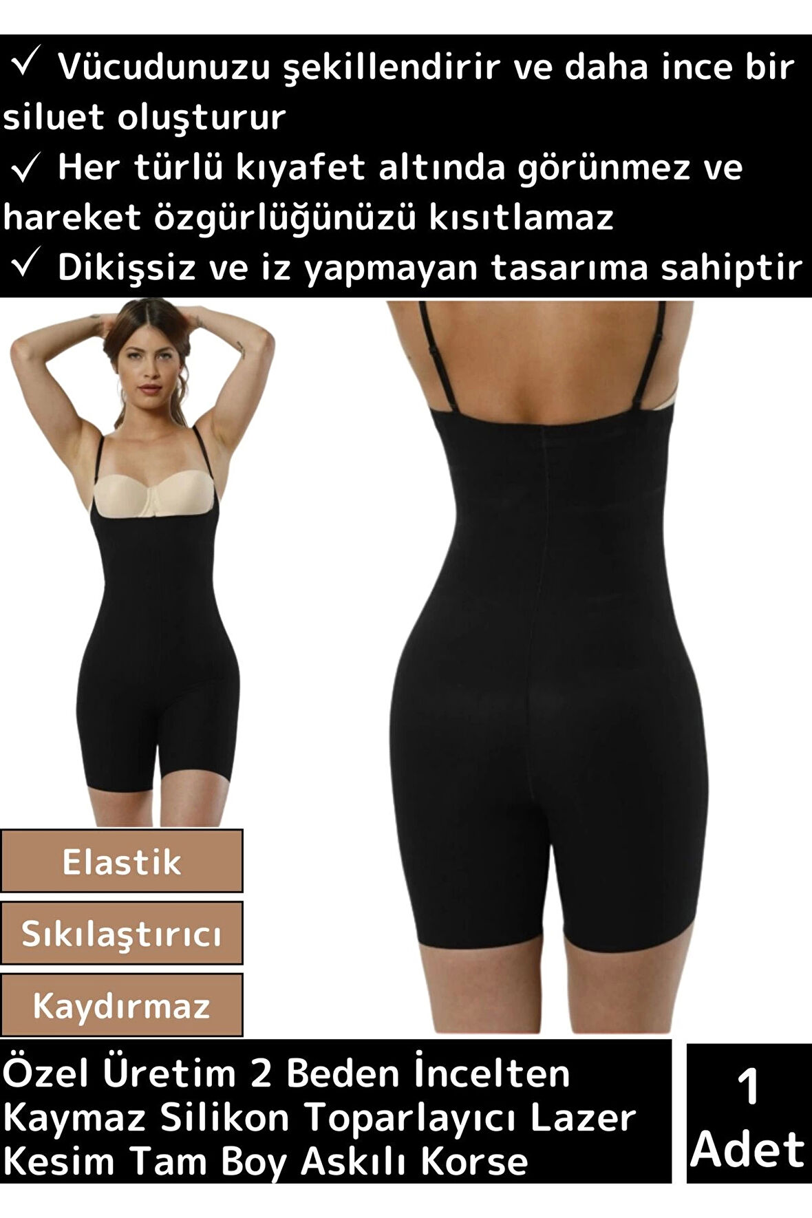 Premium İz Göstermeyen 2Beden İncelten Kaymaz Silikon Lazer Kesim Tam Boy Askılı Korse Siyah 2XL/3XL