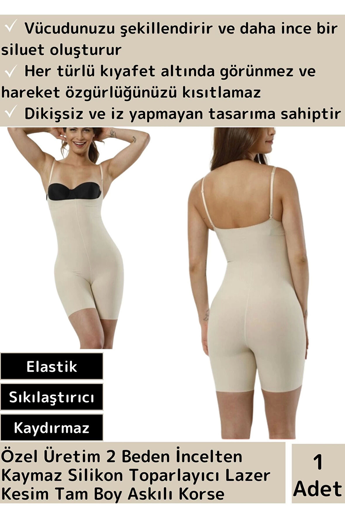 Premium İz Göstermeyen 2 Beden İncelten Kaymaz Silikon Lazer Kesim Tam Boy Askılı Korse Ten L/XL