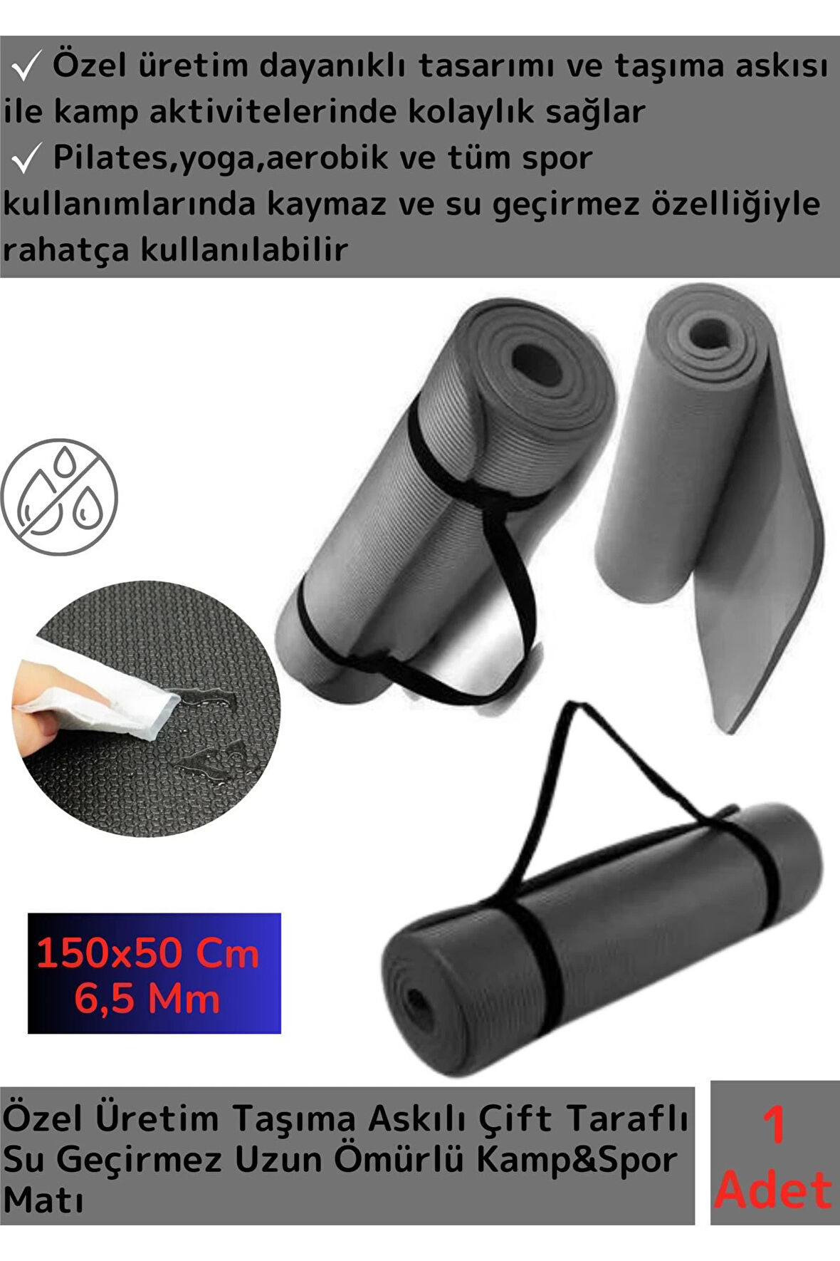 Premium Taşıma Askılı Çift Taraflı Kaymaz Su Geçirmez Pilates Kamp Fitness Yoga Matı Gri 6,5 Mm