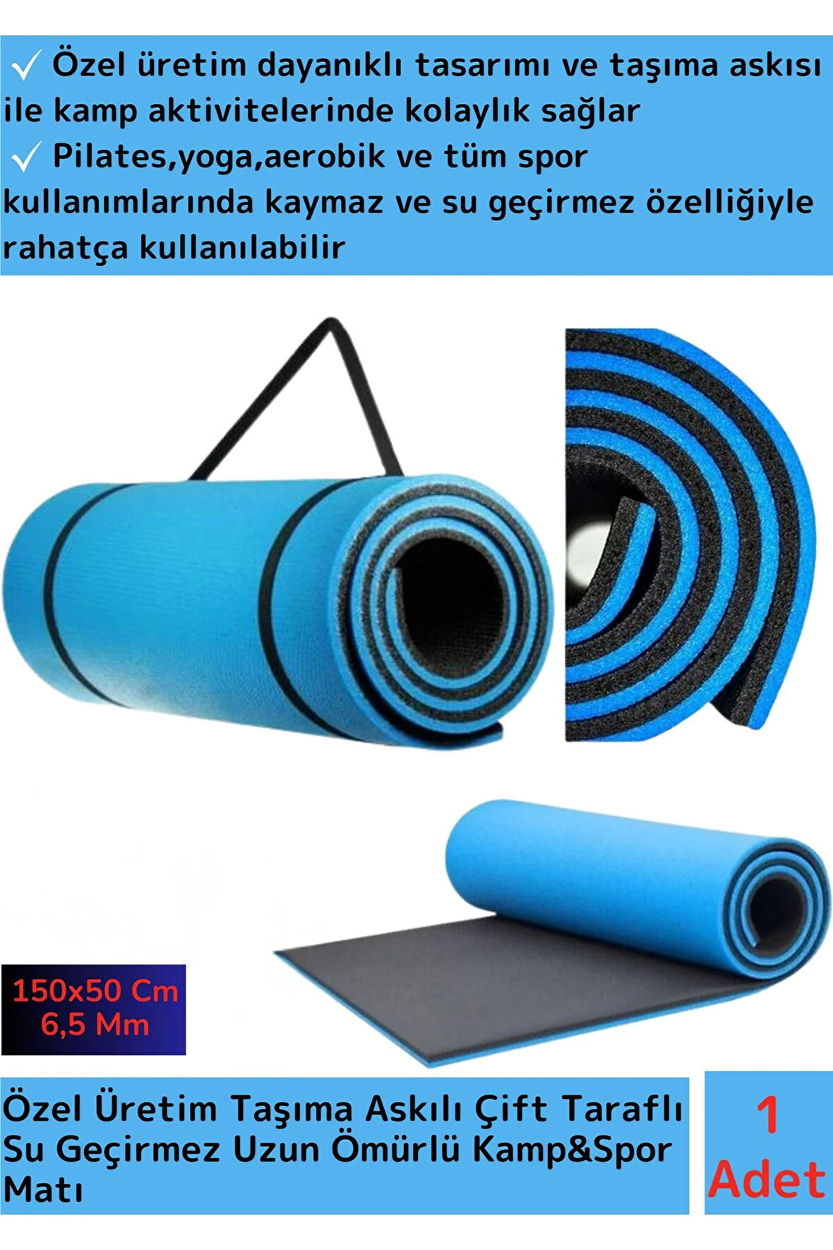 Premium Taşıma Askılı Çift Taraflı Kaymaz Su Geçirmez Pilates Kamp Fitness Yoga Matı Mavi 6,5 Mm