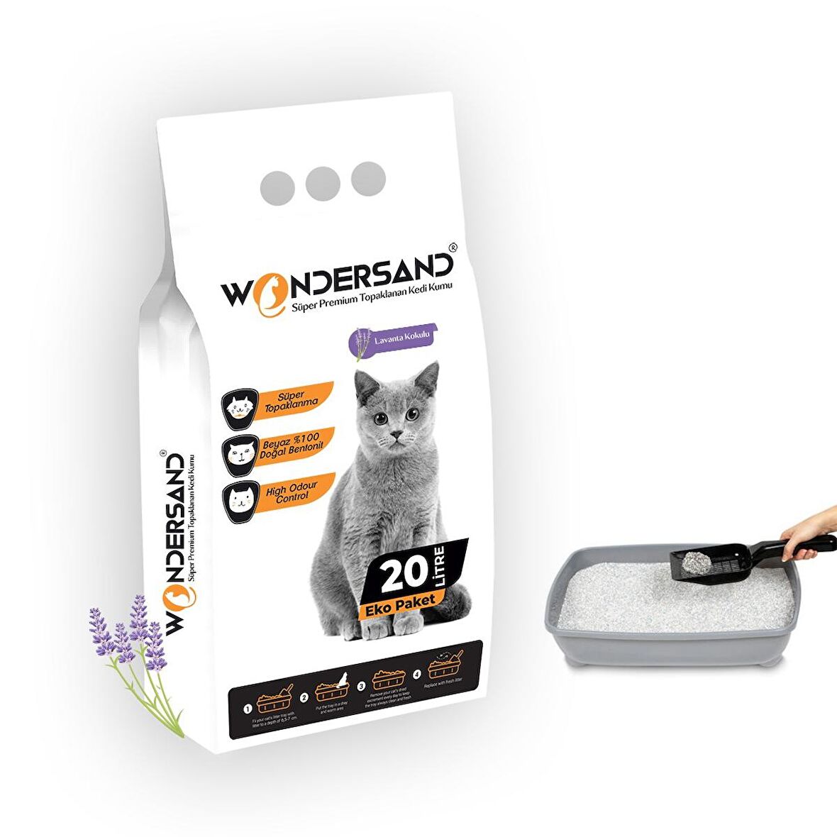 Wondersand 20 Lt Beyaz Bentonit İnce Tane Lavanta Kokulu Süper Topaklanan Premium Kedi Kumu