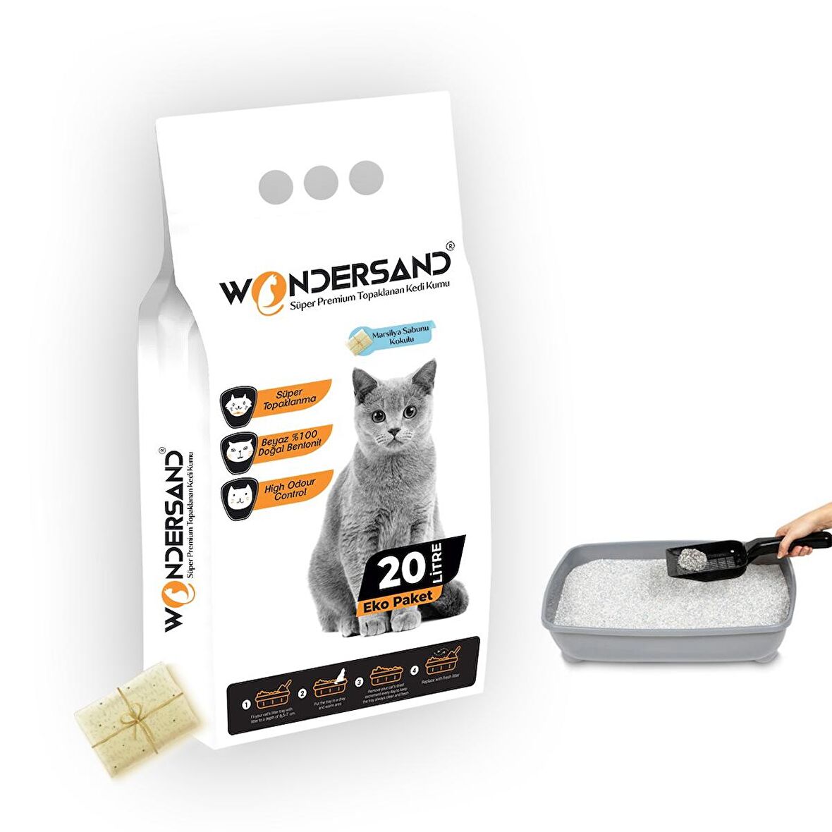 Wondersand 20 Lt Beyaz Bentonit İnce Tane Sabun Kokulu Süper Topaklanan Premium Kedi Kumu