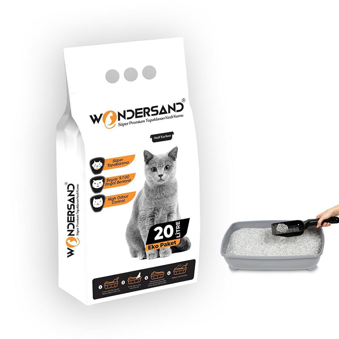 Wondersand 20 Lt İnce Tane Aktif Carbon Kokusuz Süper Topaklanan Premium Kedi Kumu