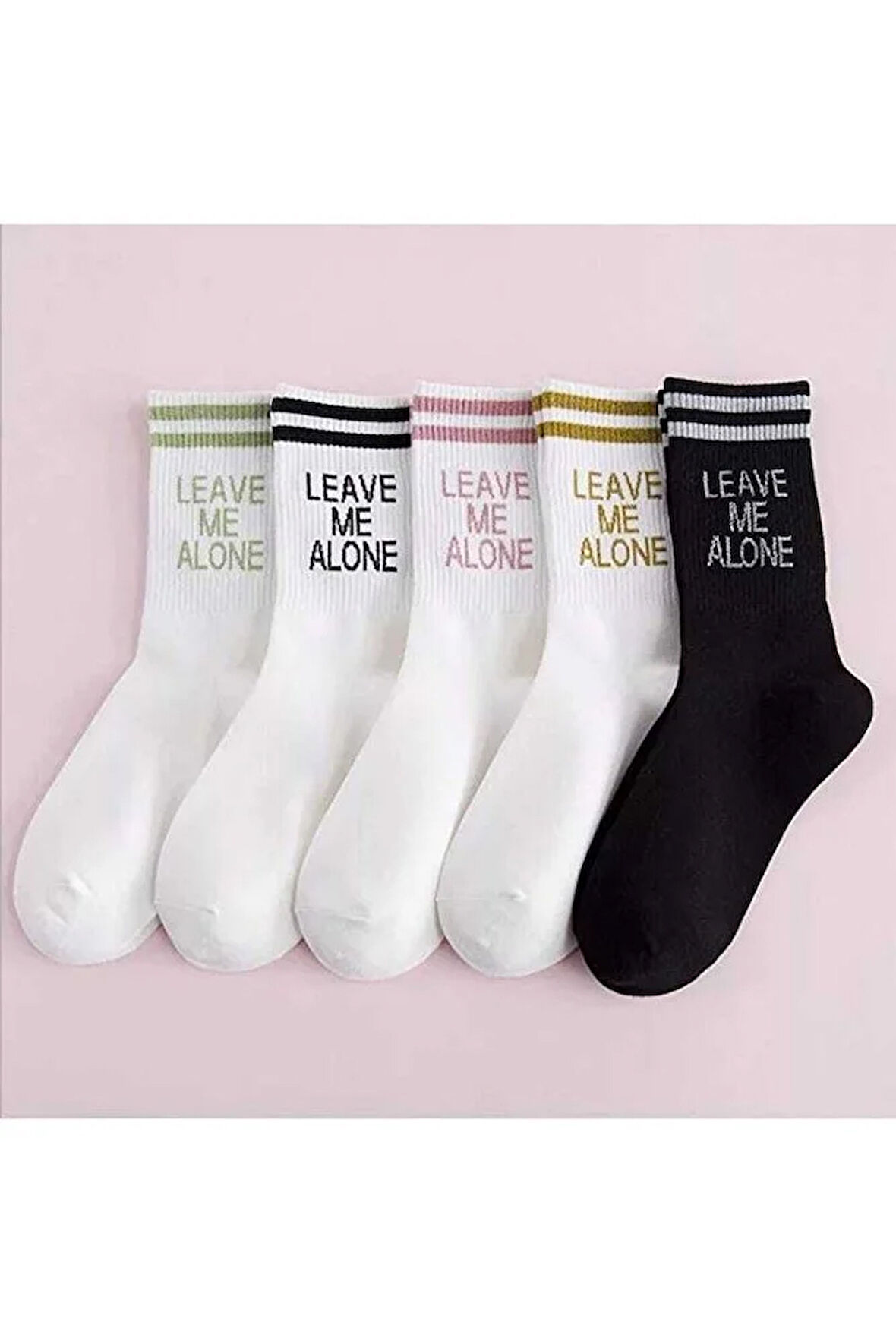 5 Çift Unisex Beyaz 'leave Me Alone' Yazılı Pamuklu Tenis Kolej Çorap
