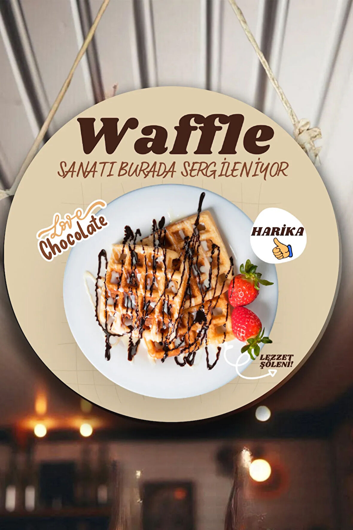 Waffle Salonu Duvar, Kapı, Çift Taraflı Askılı Pano Karşılama Tabelası, Waffle Dükkan Süsü