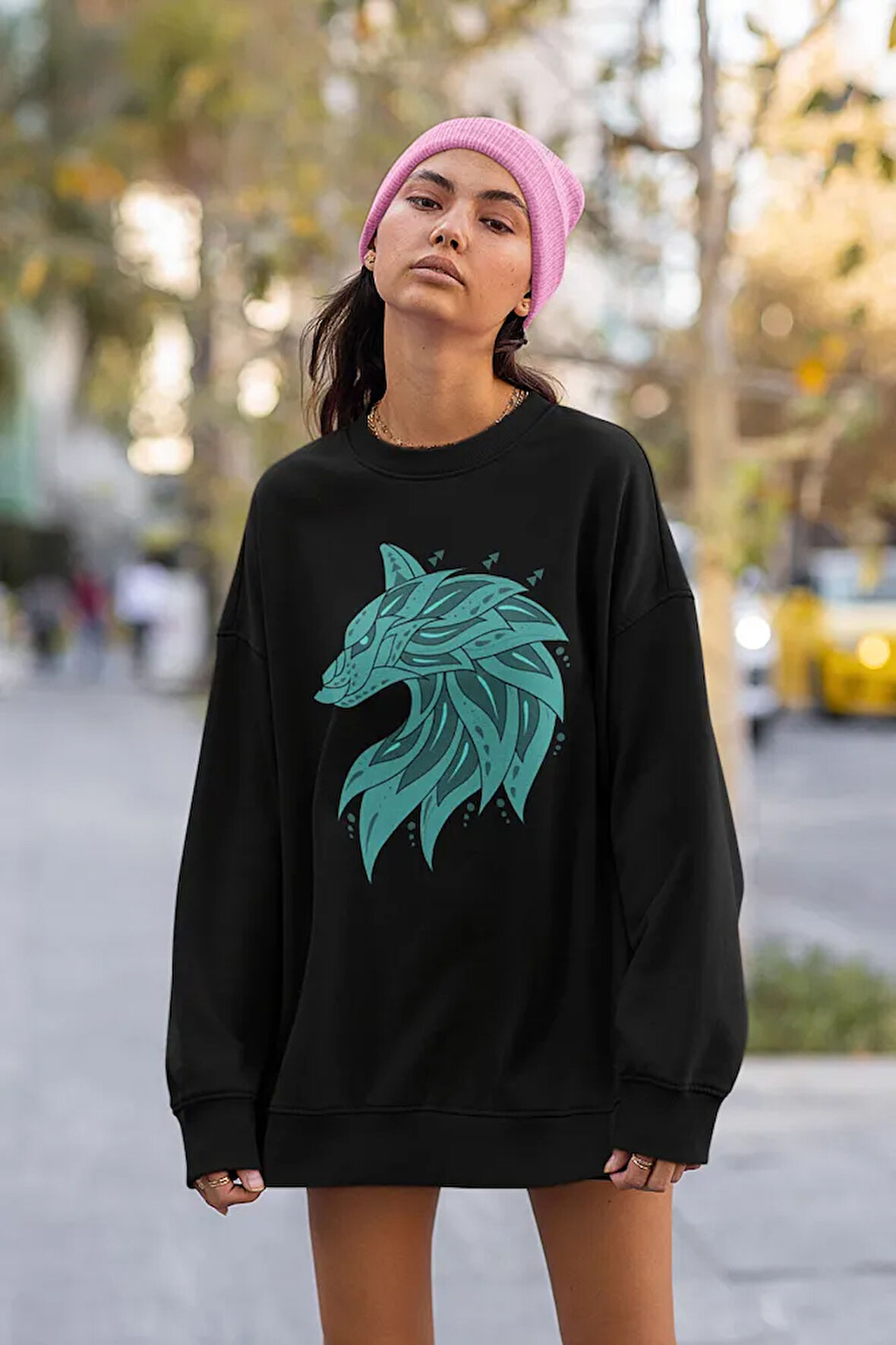 Tasarım Kurt Baskılı Unisex Oversize Sweatshirt