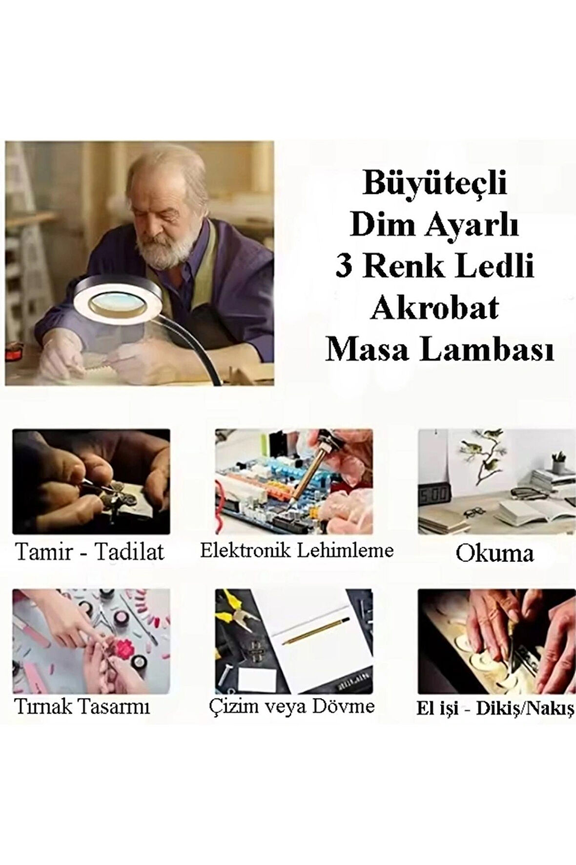 10X Büyüteçli Led Çalışma Lambası Masa Lambası 3 Renk Dimmerli 5W Usb