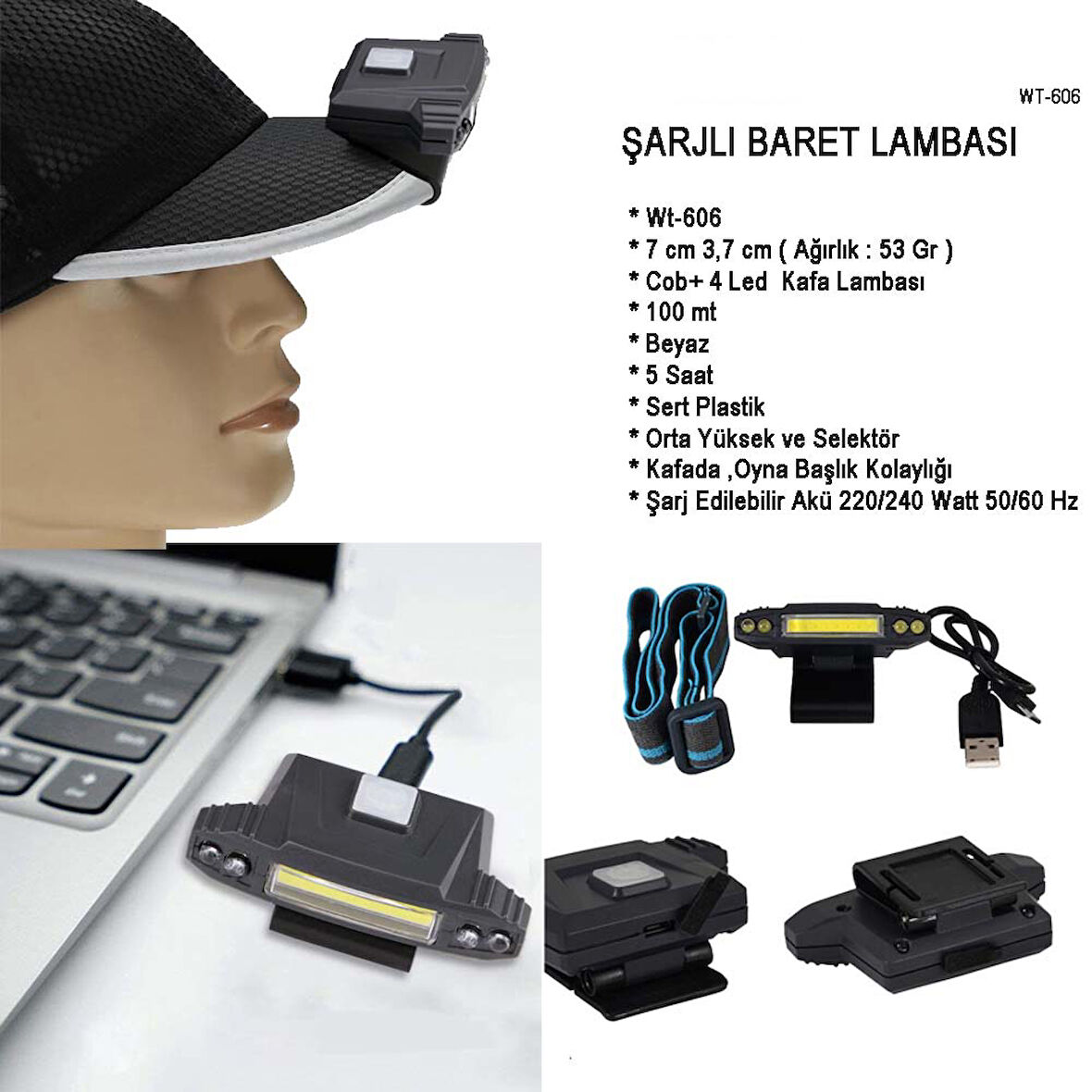 Şarjlı Baret Lambası Watton Wt-606