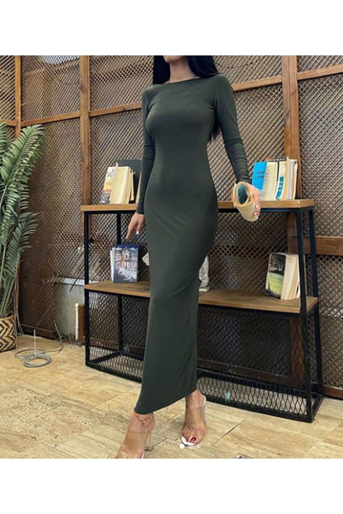 Kadın Vücuda Oturan Esnek Uzun Kollu Maxi Uzun Kylie Elbise Günlük Basic Uzun Elbise 6335