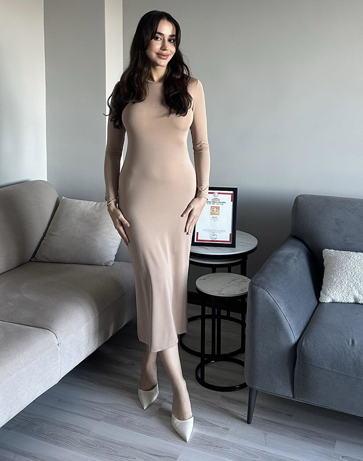 Kadın Bej Vücuda Oturan Esnek Uzun Kollu Maxi Uzun Kylie Elbise Günlük Basic Uzun Elbise 6335