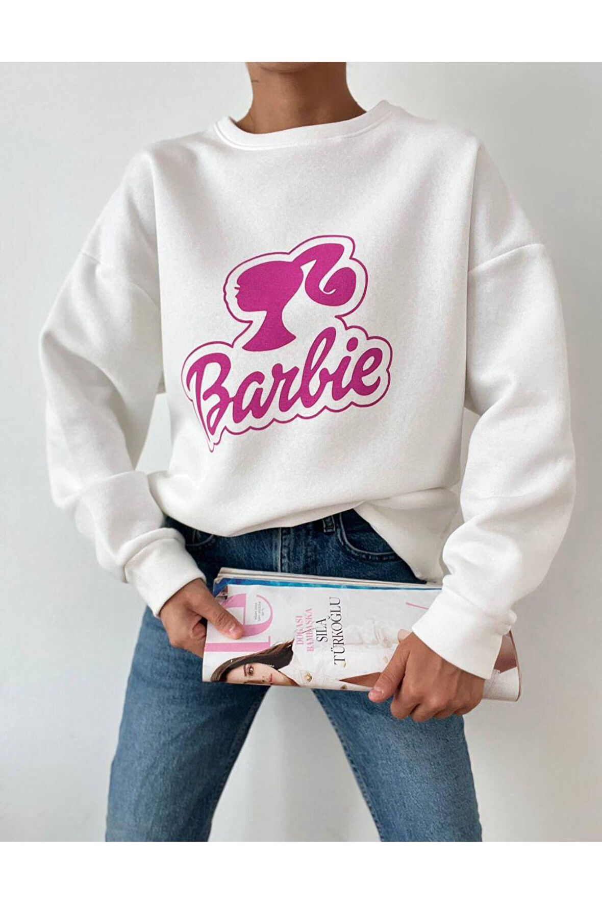 Kadın Beyaz Barbie Baskılı Kalın 3 İplik Şardonlu Polarlı Oversize Sweatshirt Tunik %100 Pamuk