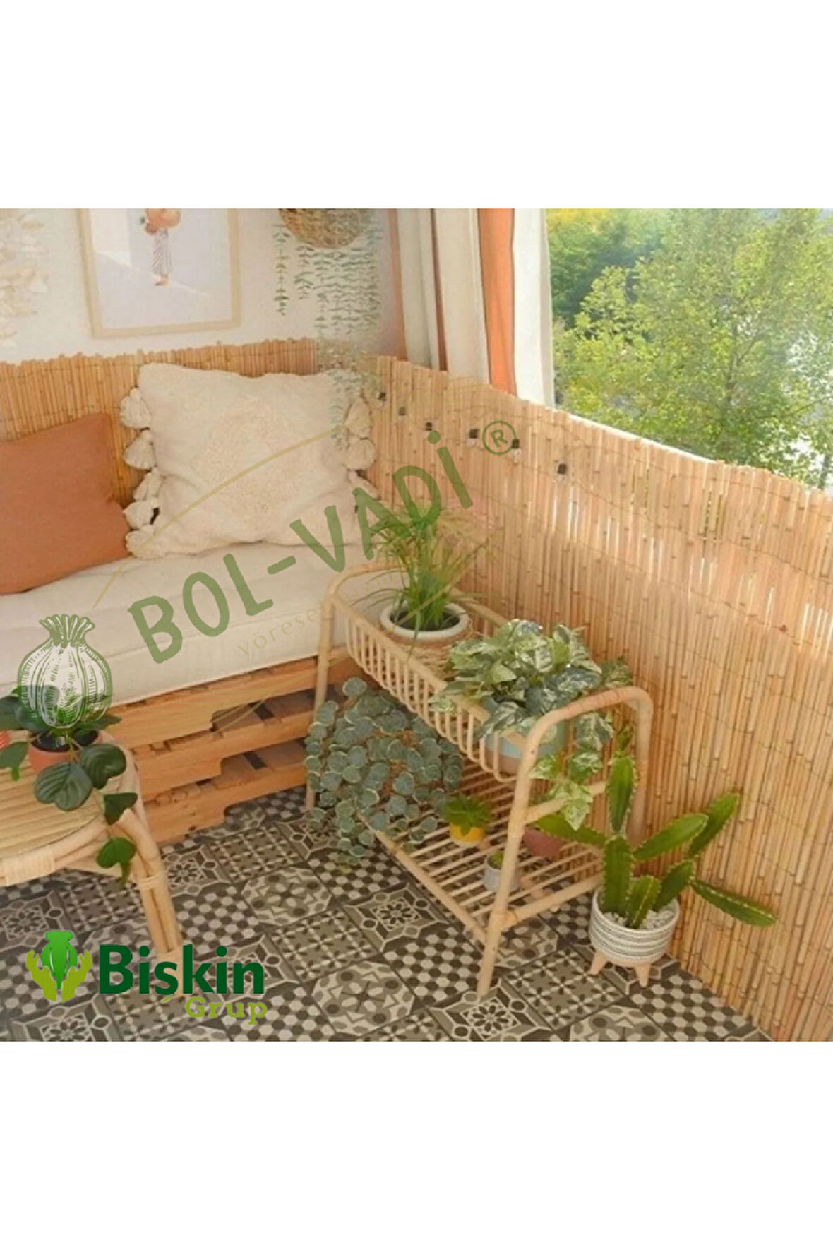 1Metre Yükseklik X 5 Metre Genişlik Bambu Kamış Hasır Çit Misinali Doğal Dekoratif Bahçe Balkon ve Duvar Çiti .