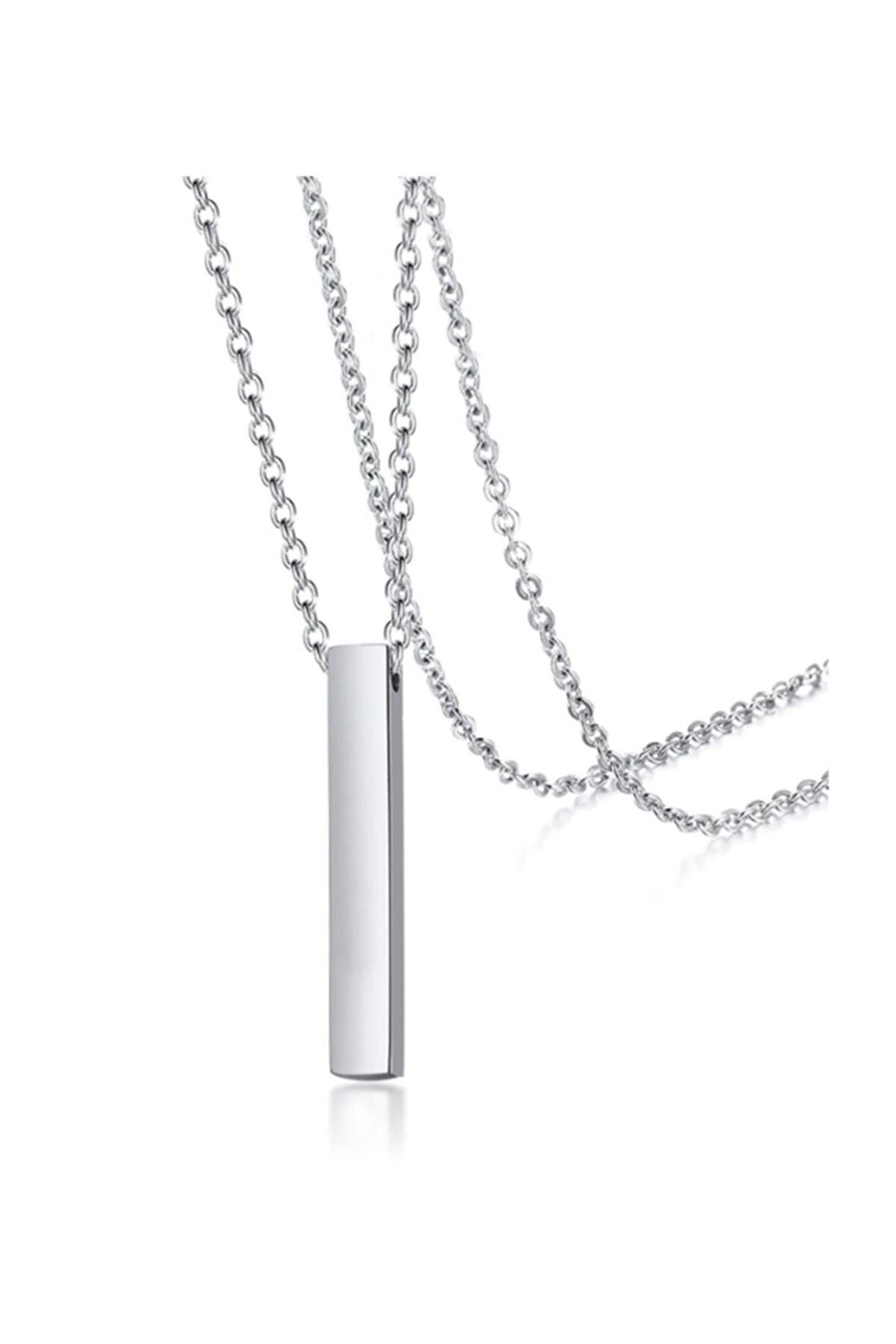 Gümüş Kaplamalı Çubuk Uzun Bar Dikdörtgen  Kolye 70 Cm