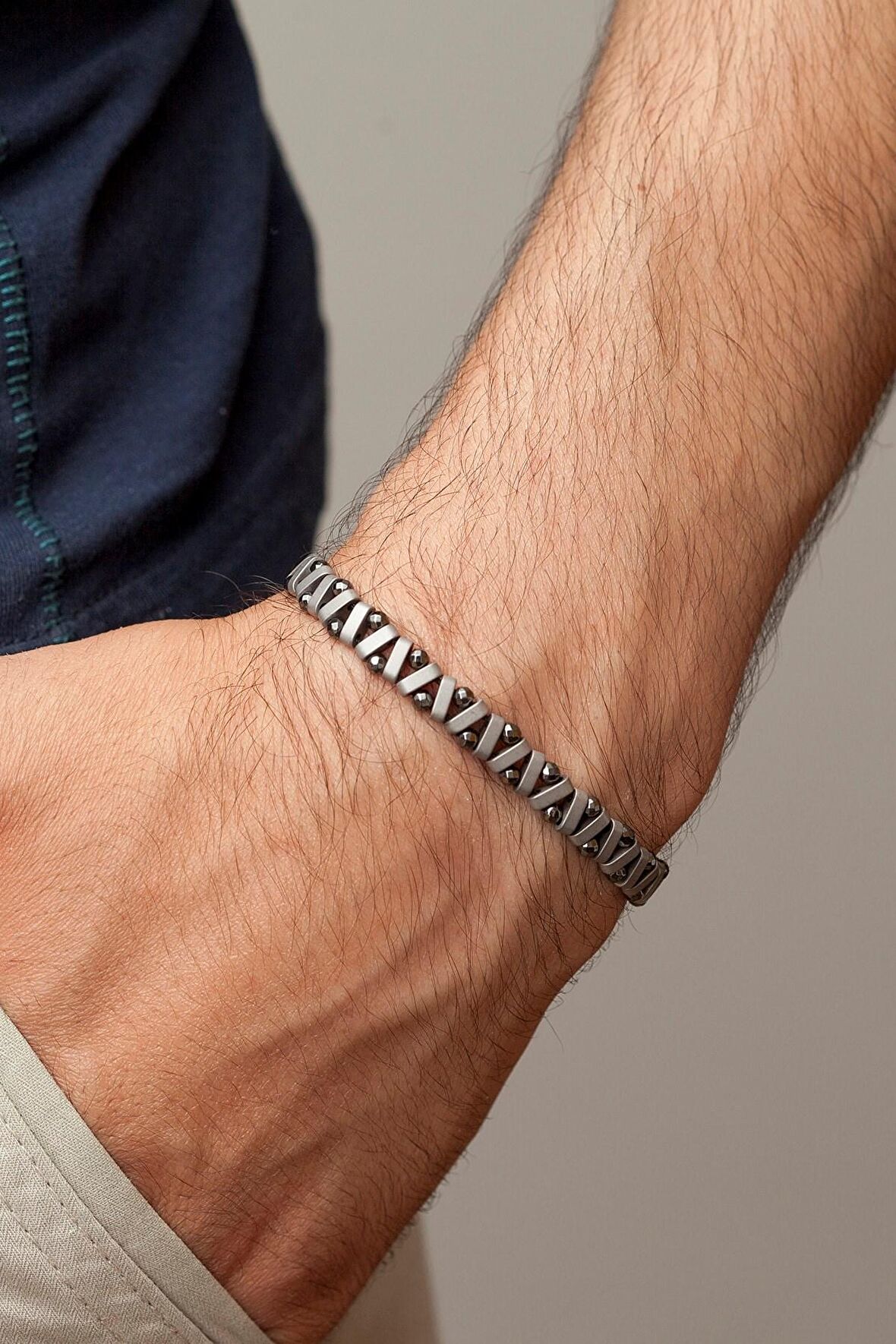 Zikzak Model Hematit Doğaltaş Görünümlü Füme Erkek Bileklik Unisex