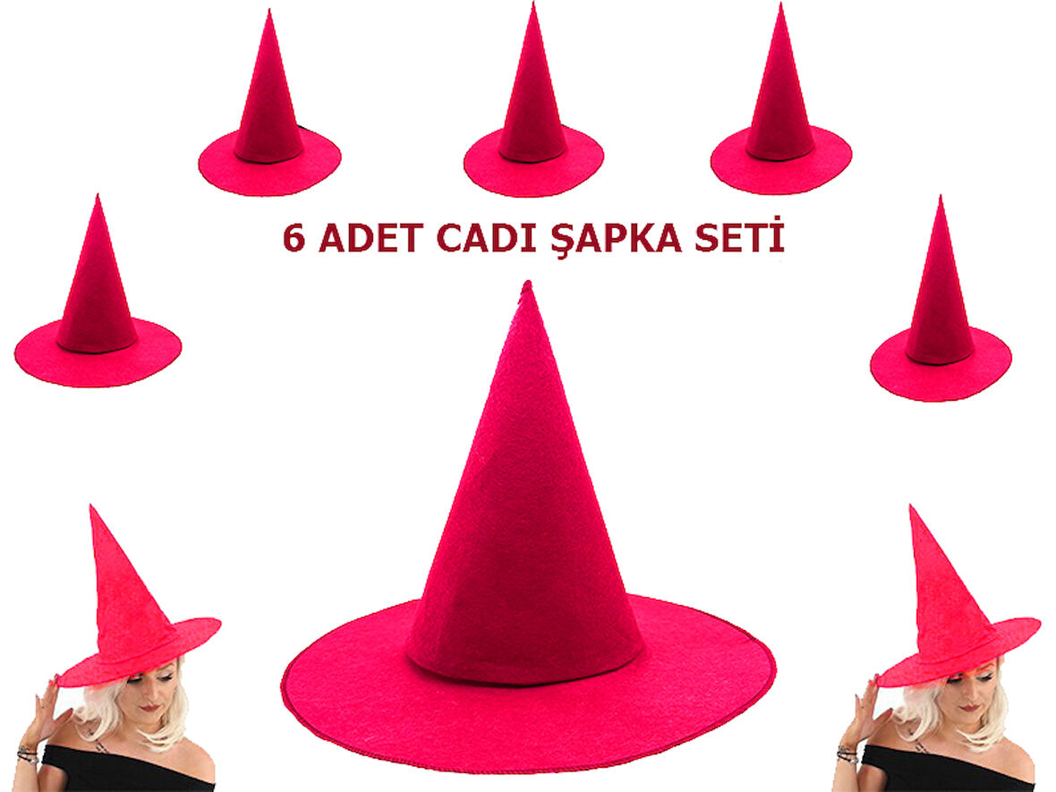 Pembe Fuşya Renk Keçe Cadı Şapkası Yetişkin Uyumlu 6 Adet