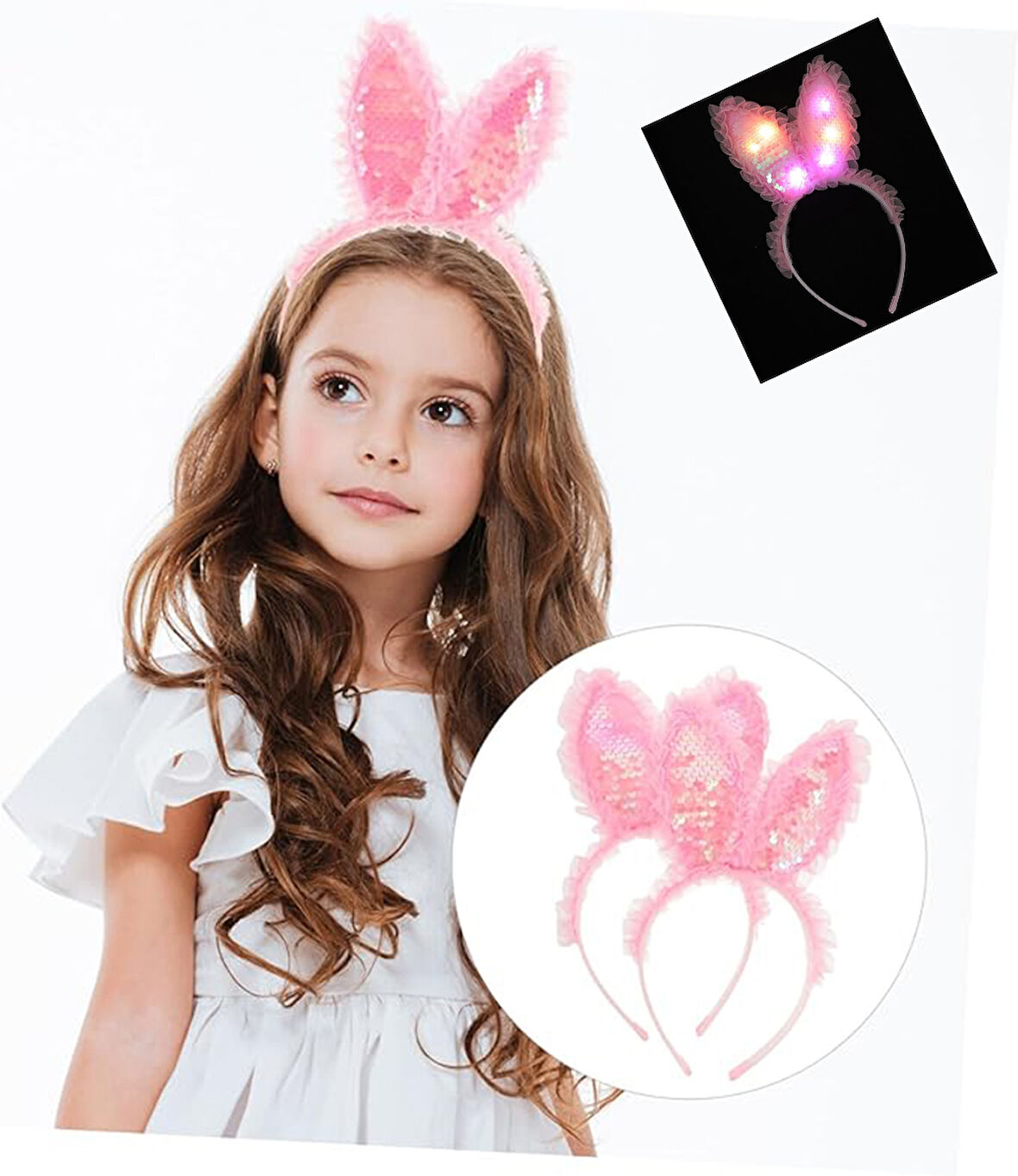 Kenarları Dantelli Pembe Pullu Payetli Led Işıklı Tavşan Kulak 23x19 cm