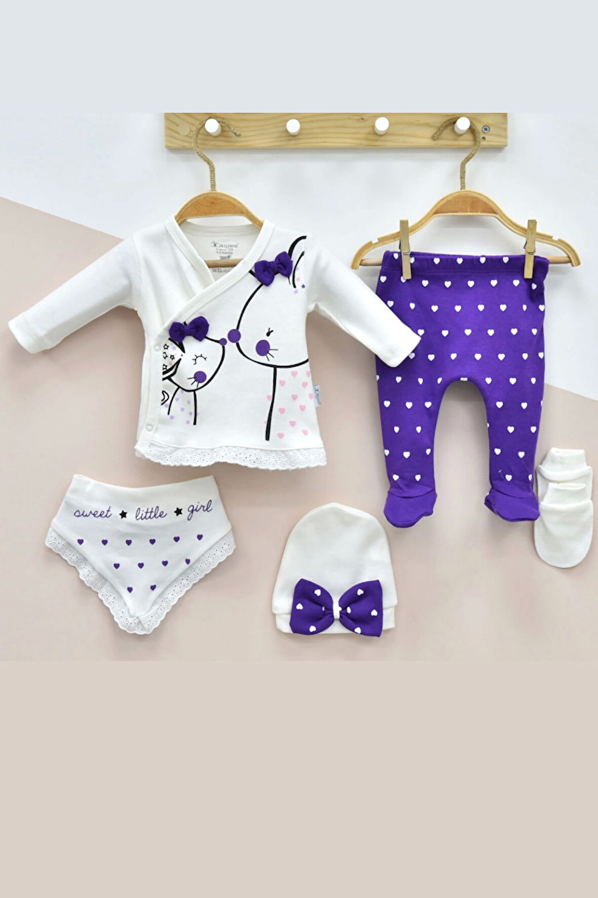 3 Ay Kız Bebek Little Mause 5'li Hastane Çıkış Seti Mor