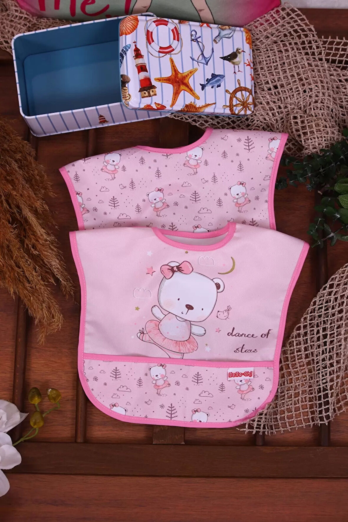 Pembe Ayı Desenli 2'Li Sıvı Geçirmez Kolsuz Bebek Önlüğü 0-12 Ay