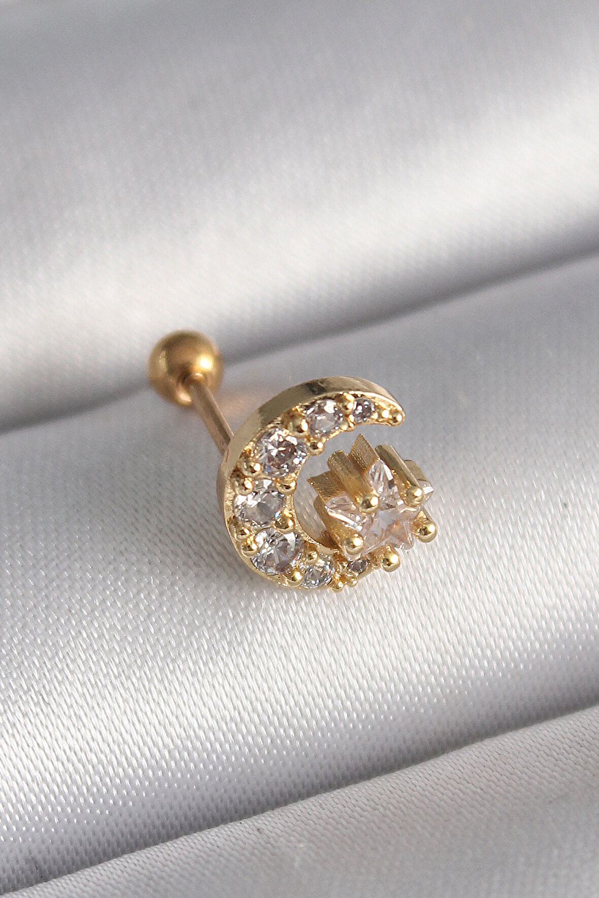 316L Çelik Renk Zirkon Taşlı Ay Tragus Piercing