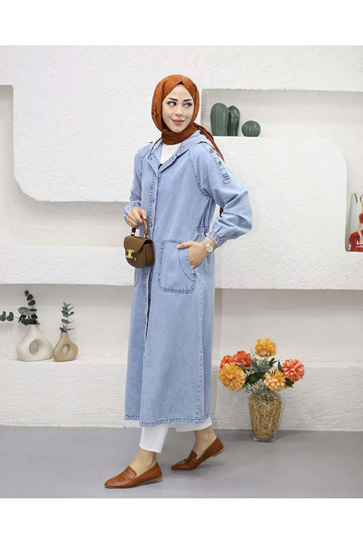 Kadın Cepli Düğmeli Denim Kot Kap