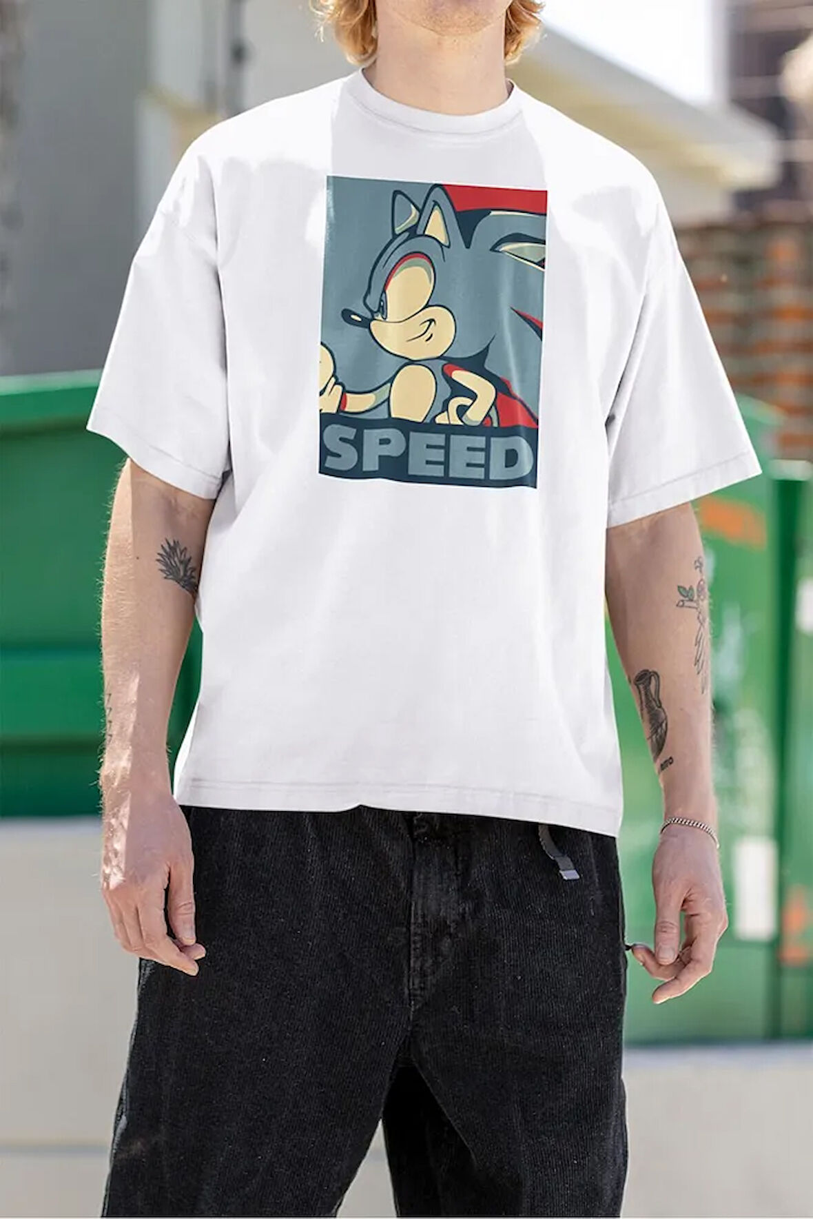 Speed Sonic Karakter Baskılı Unisex Oversize Tişört