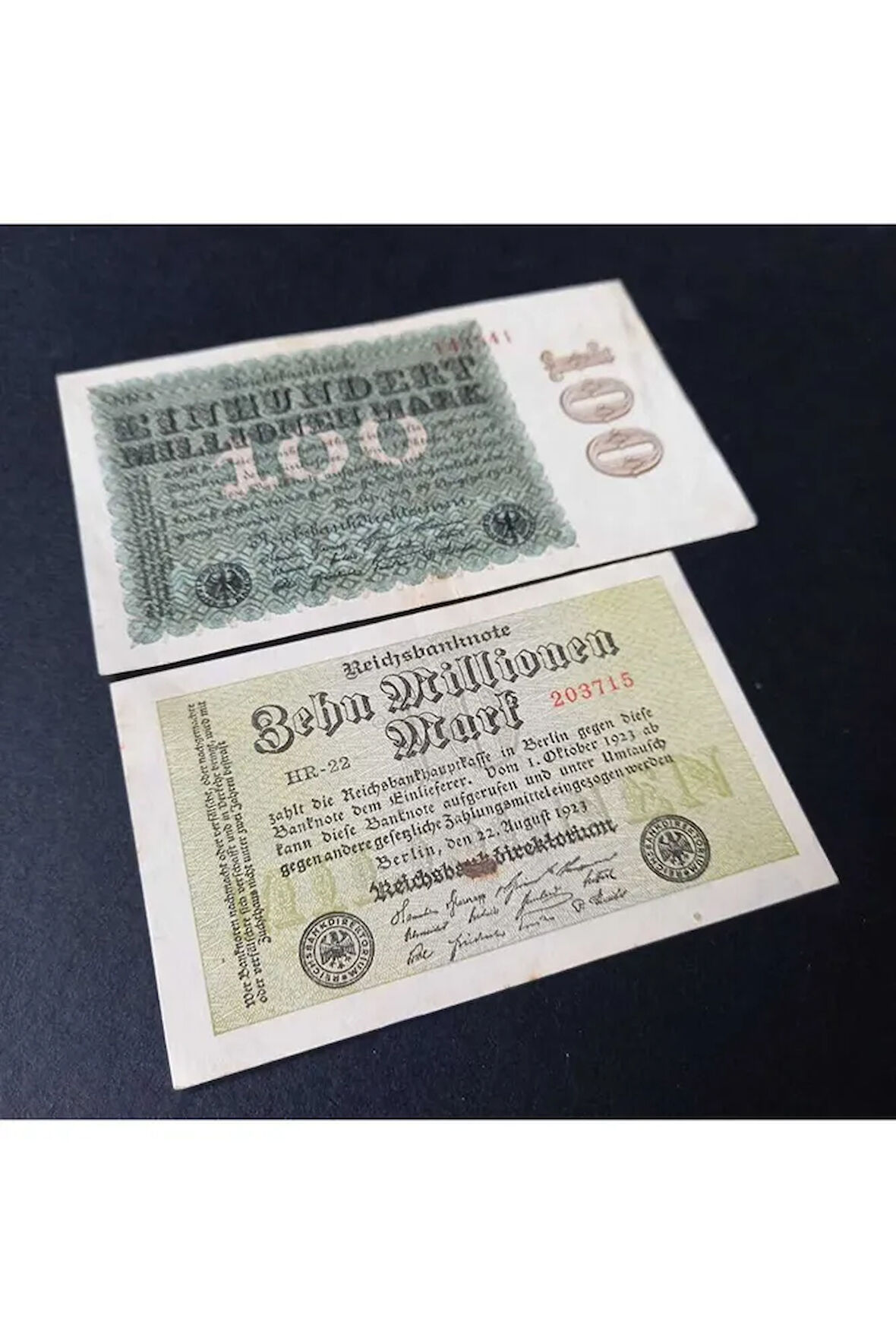 1923 Almanya 10/100 milyon Mark takım ÇT+ eski yabancı kağıt para